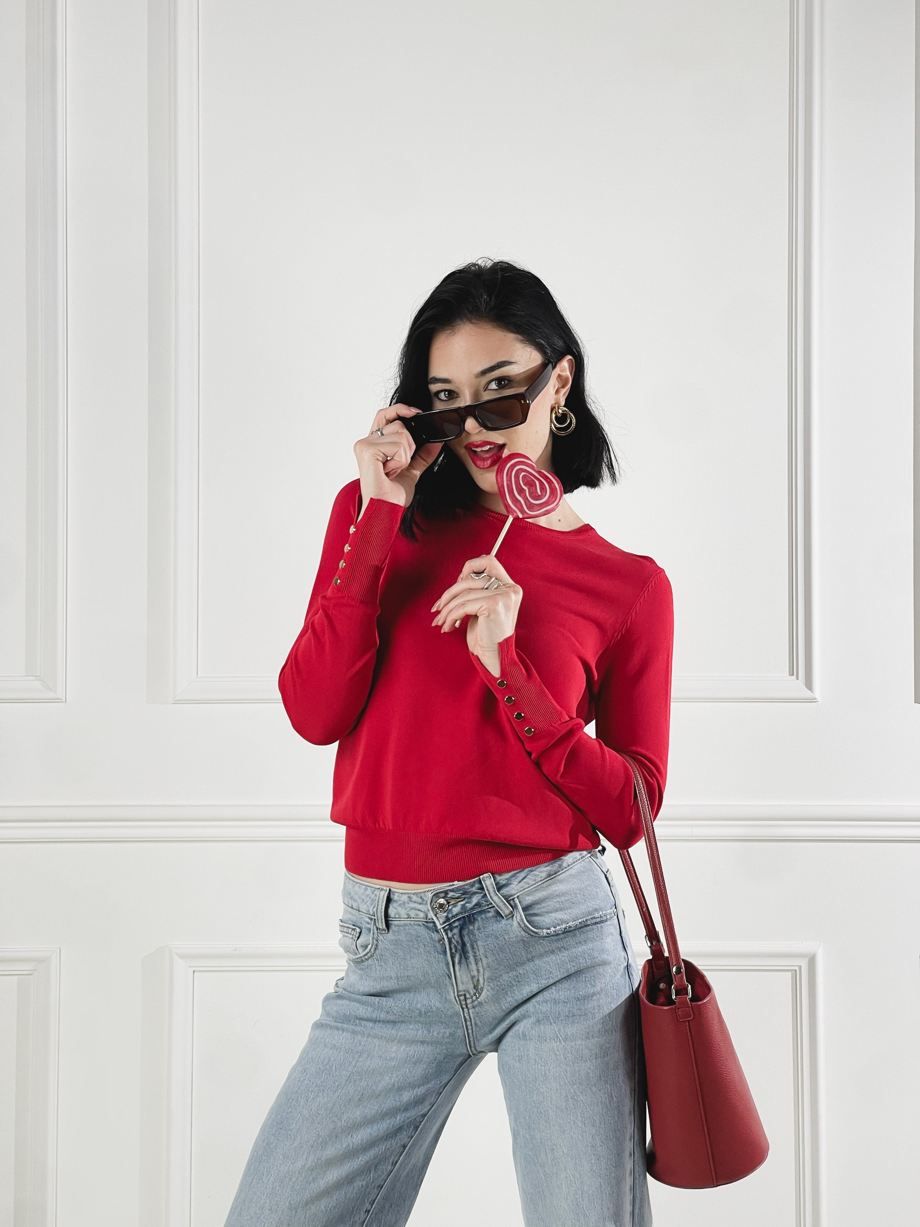 Maglia girocollo con bottoni|Colore:Rosso