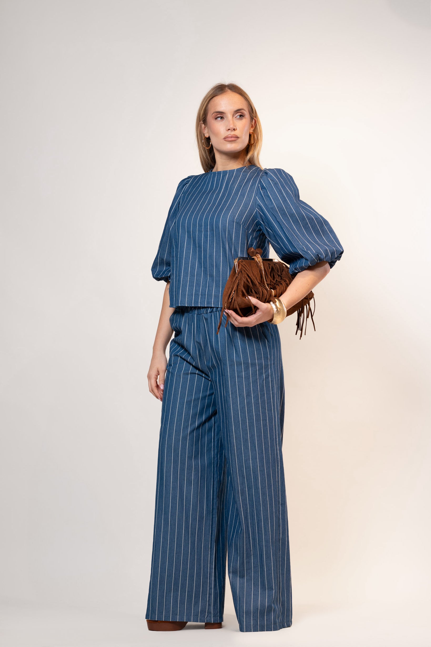 Blusa Stripe con maniche Balloon|Colore:Jeans scuro