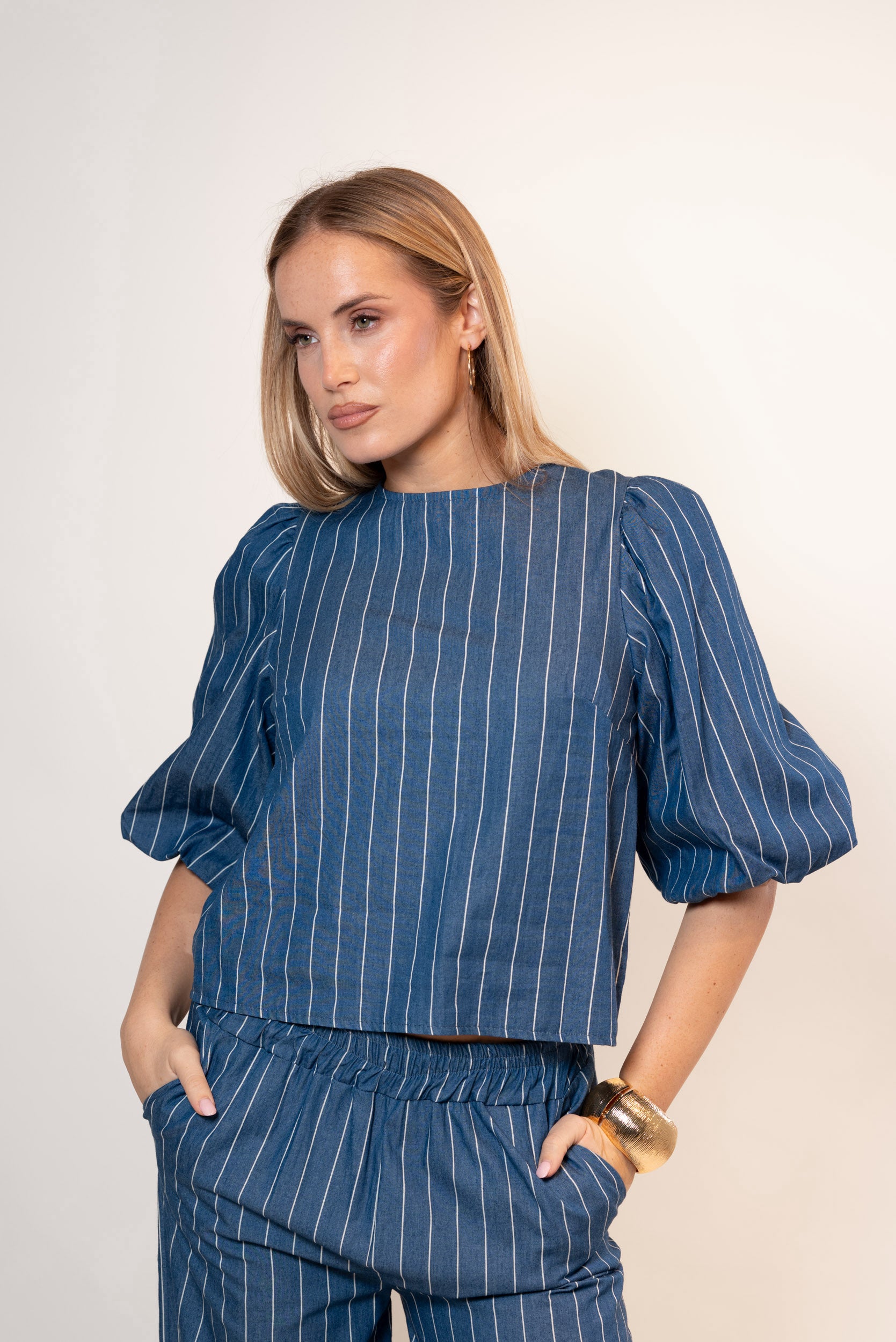 Blusa Stripe con maniche Balloon|Colore:Jeans scuro