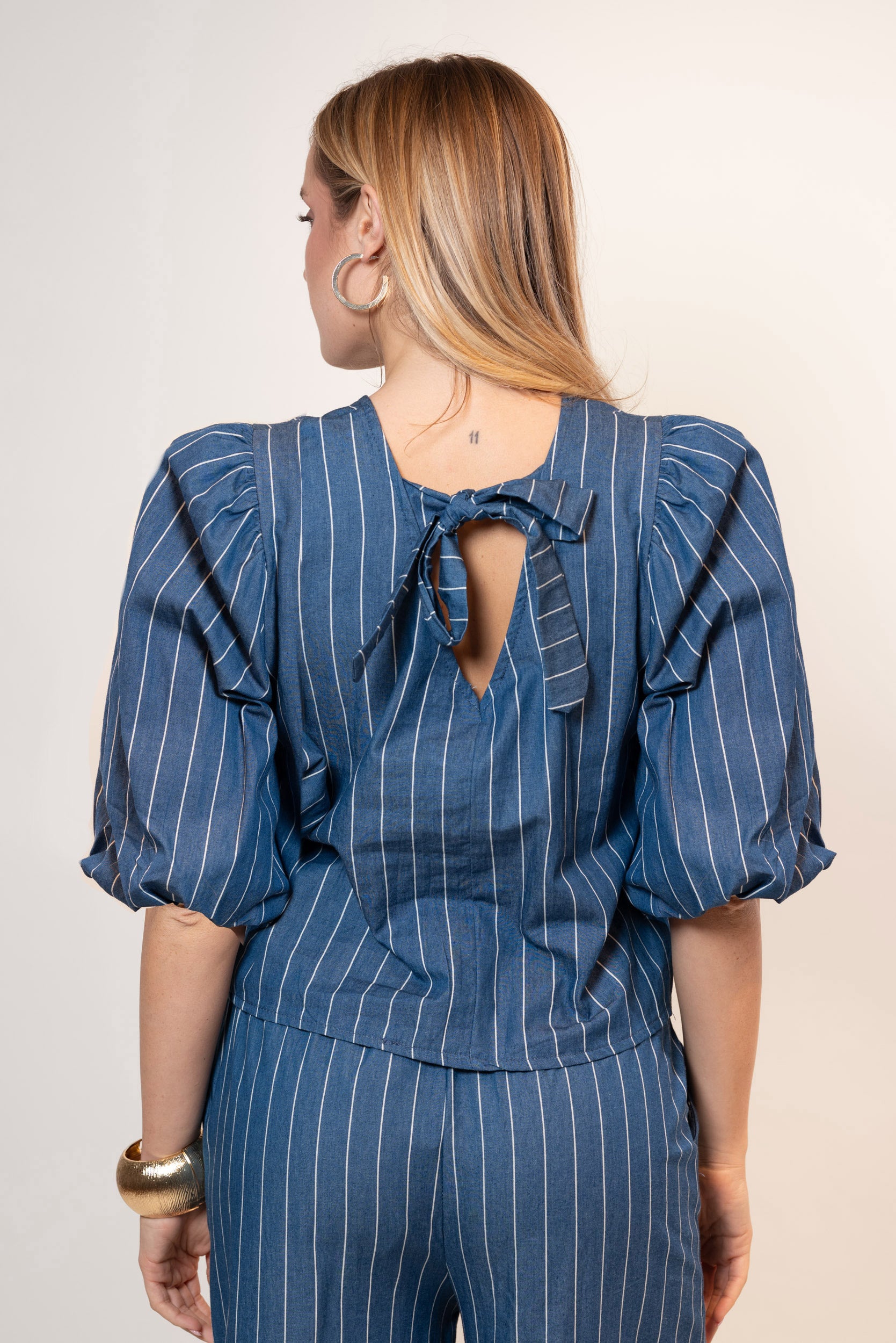 Blusa Stripe con maniche Balloon|Colore:Jeans scuro