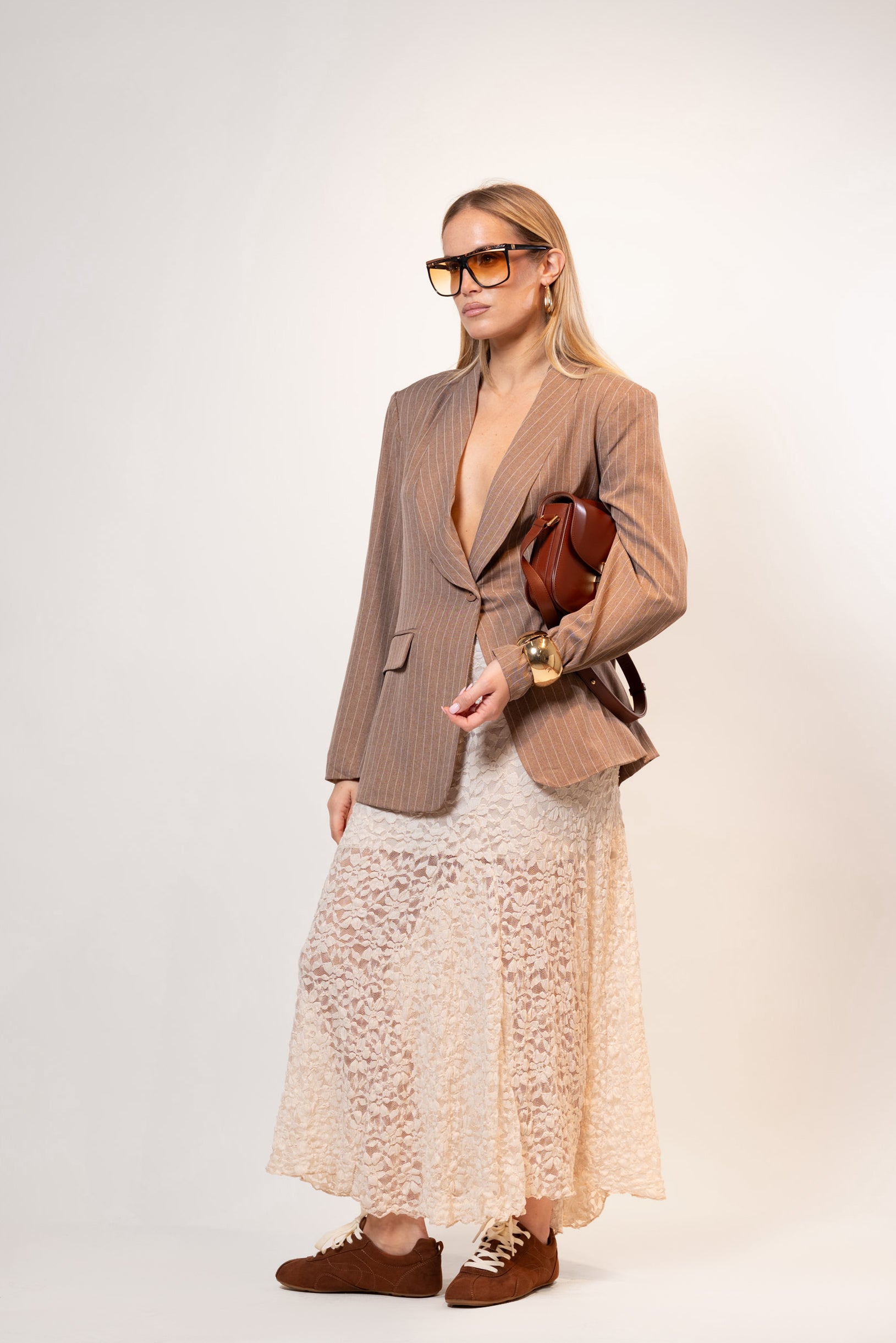 Gonna in pizzo floreale|Colore:Beige chiaro