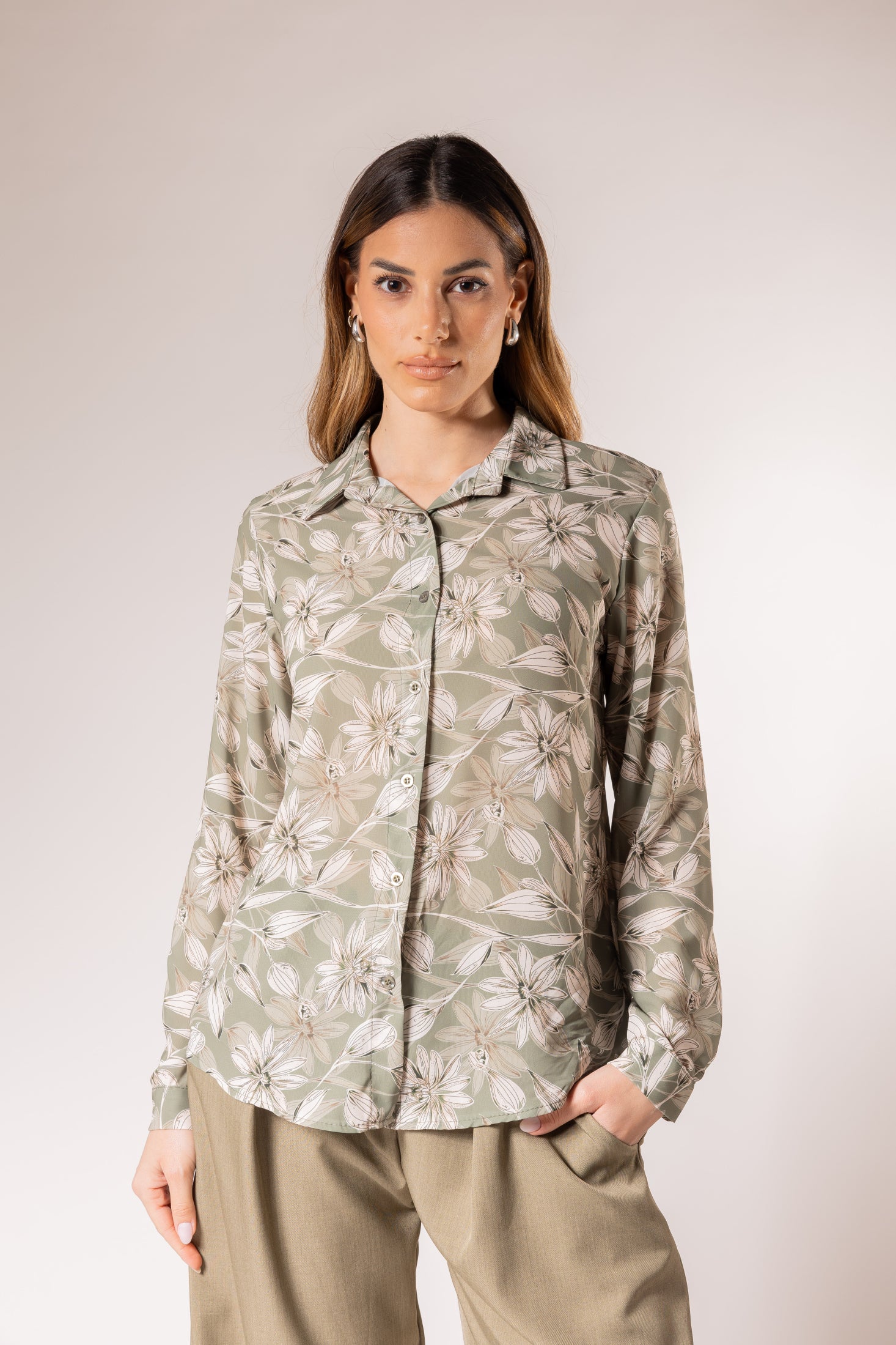 Camicia Fantasia fiore|Colore:Verde militare