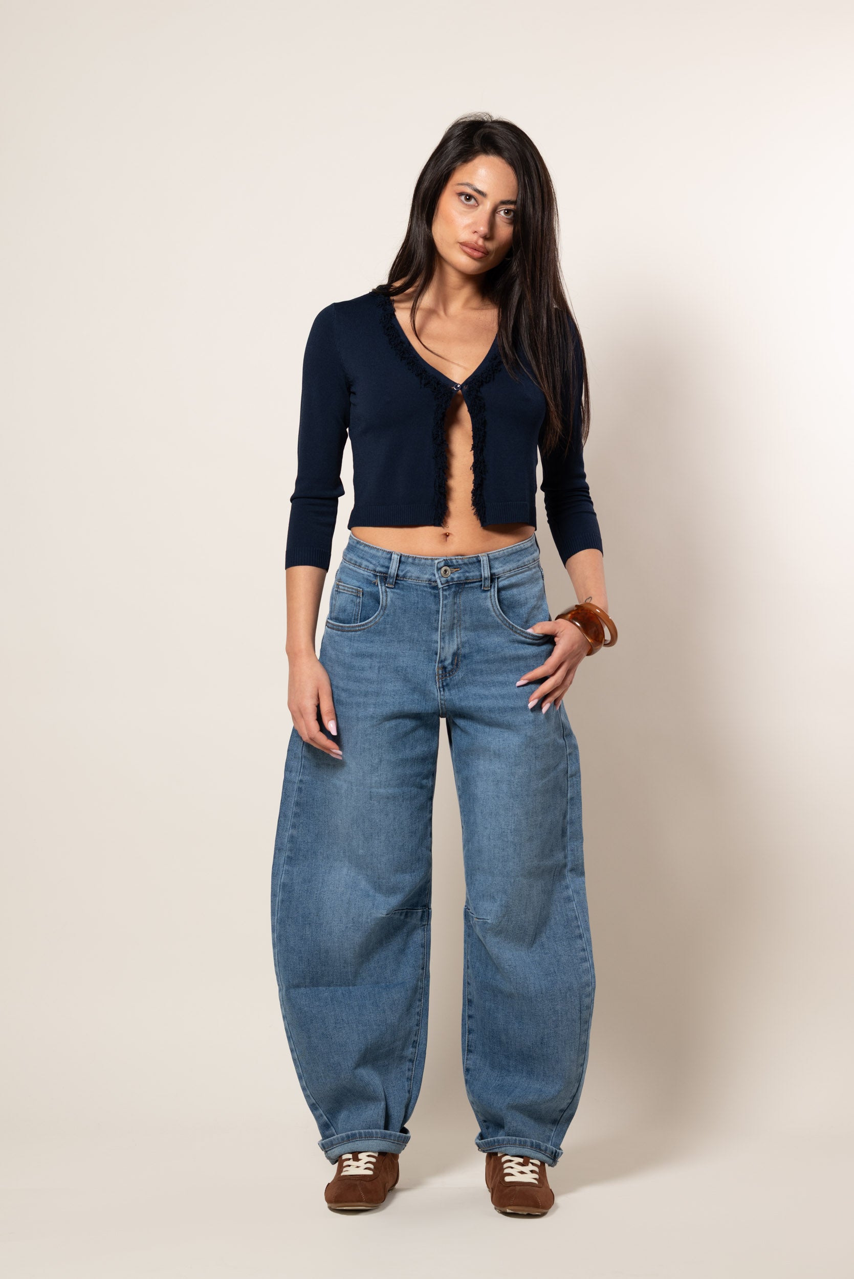 Cardigan crop con frange|Colore:Blu