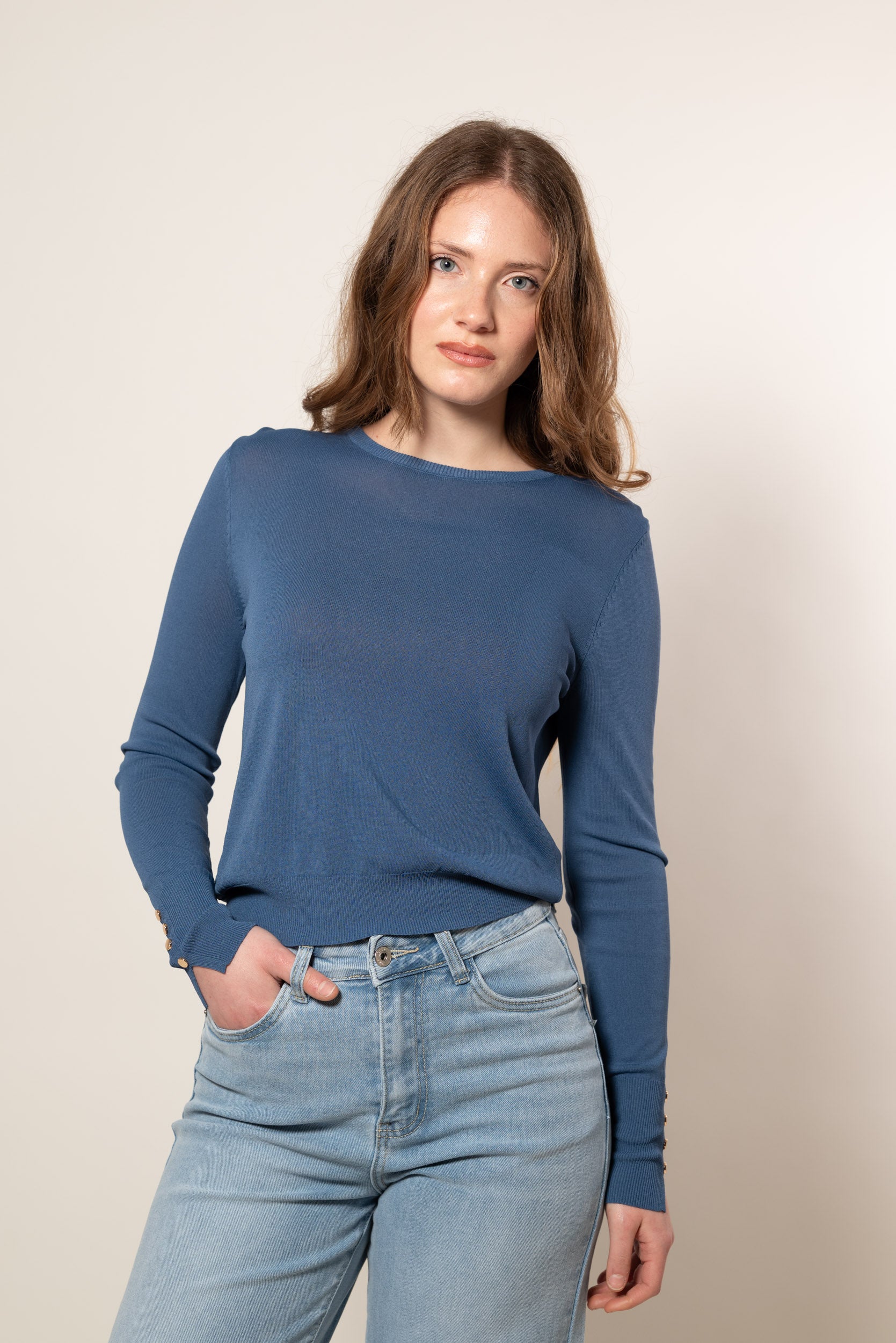 Maglia girocollo con bottoni|Colore:Denim