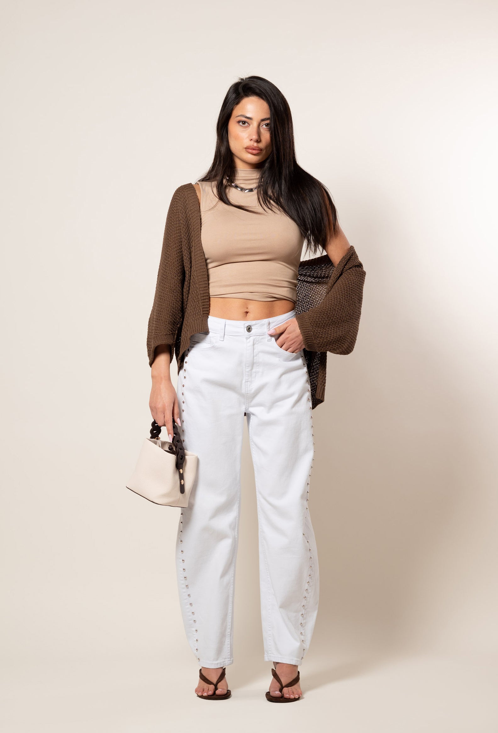 Jeans ballon con Borchie|Colore:Bianco