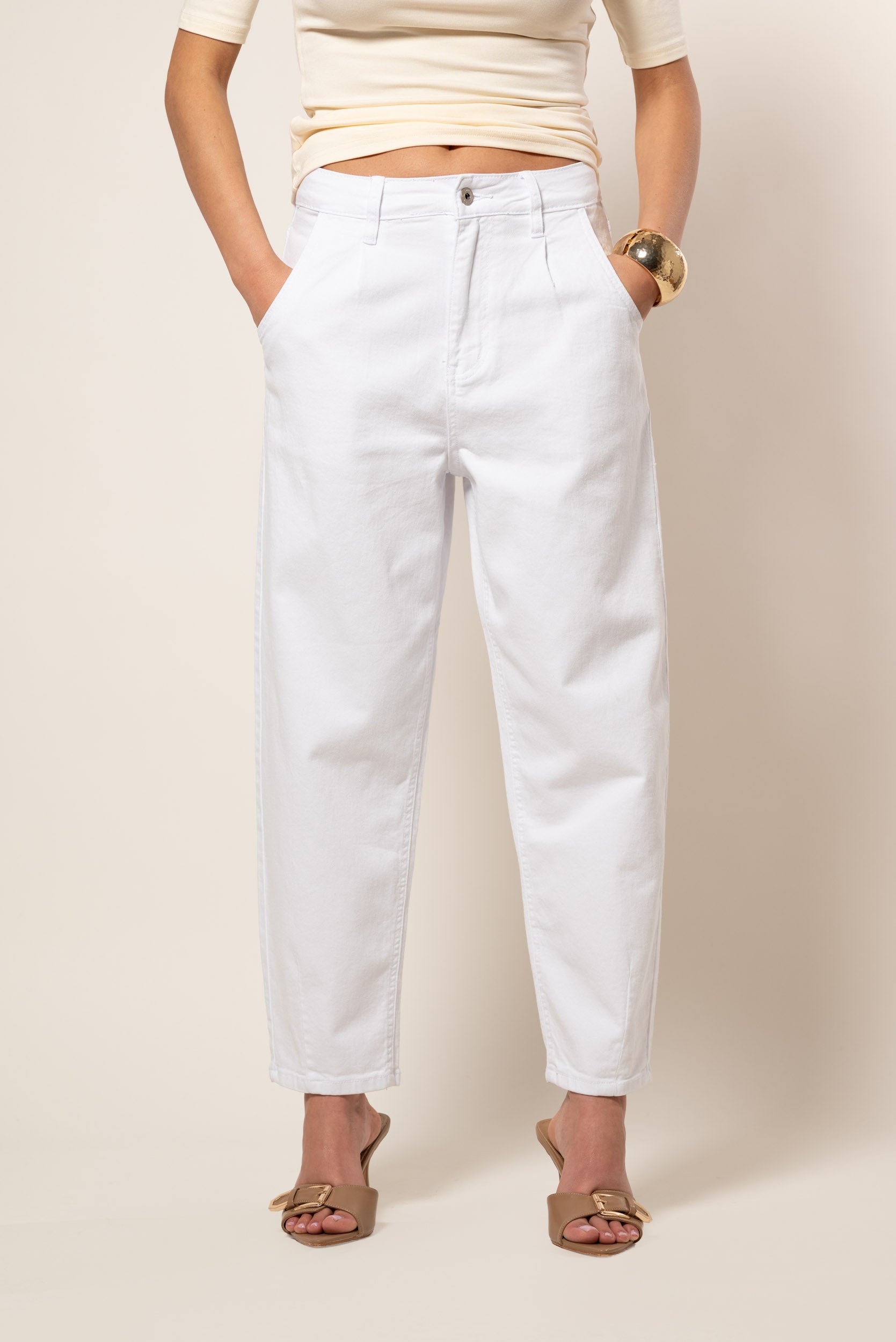 Jeans Ballon con Pinces|Colore:Bianco