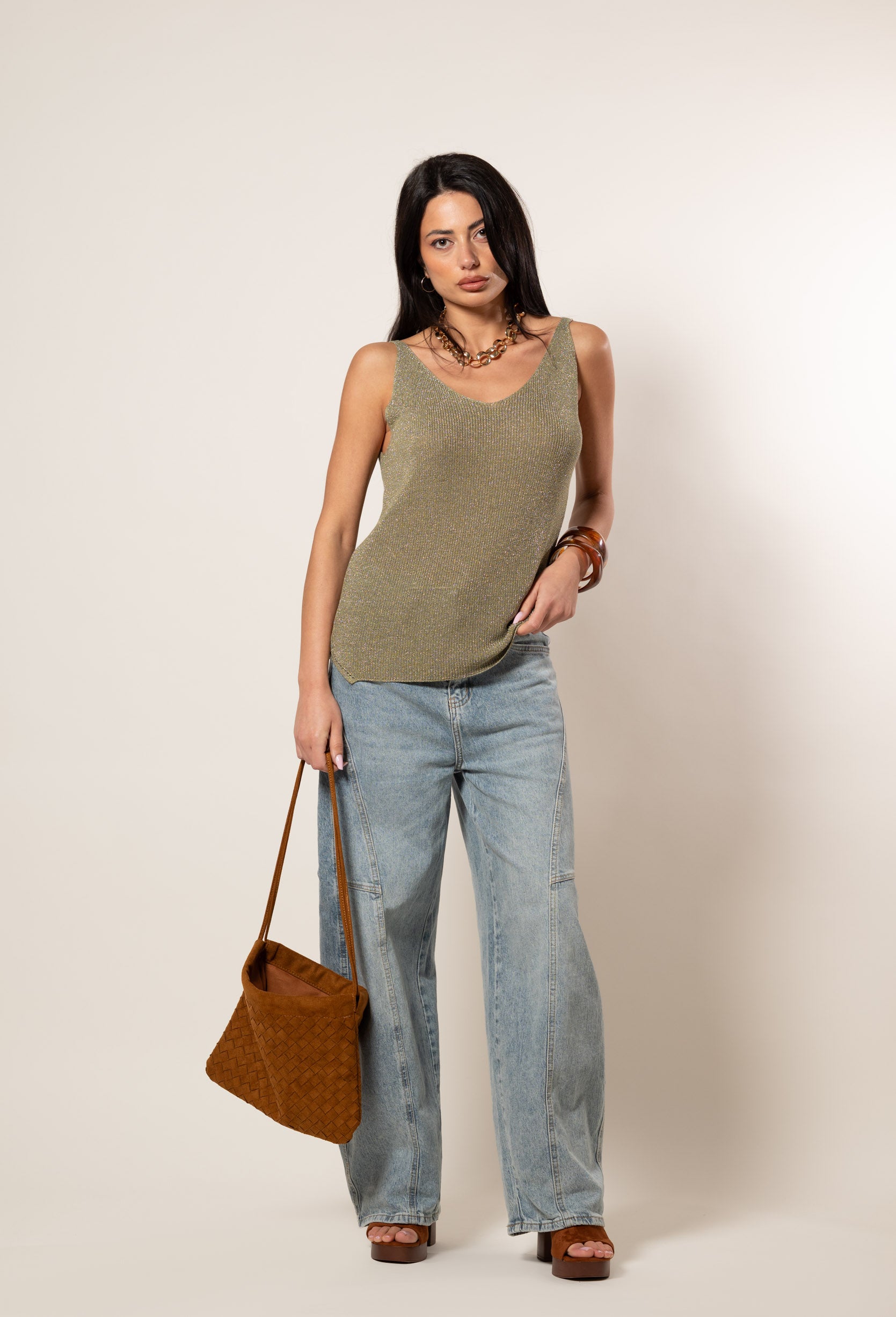 Canotta a V lurex|Colore:Verde militare chiaro