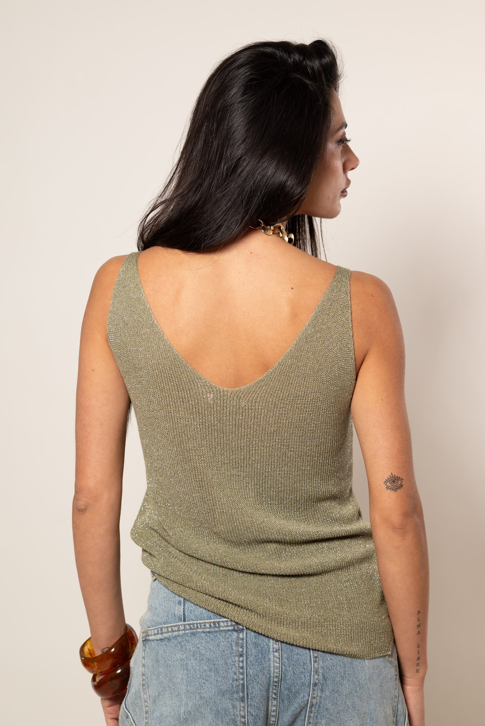 Canotta a V lurex|Colore:Verde militare chiaro