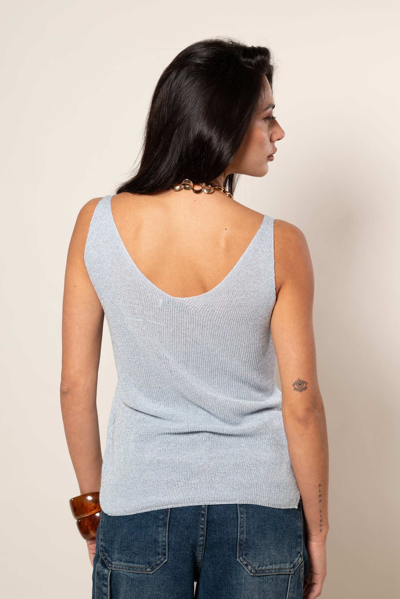 Canotta a V lurex|Colore:Celeste
