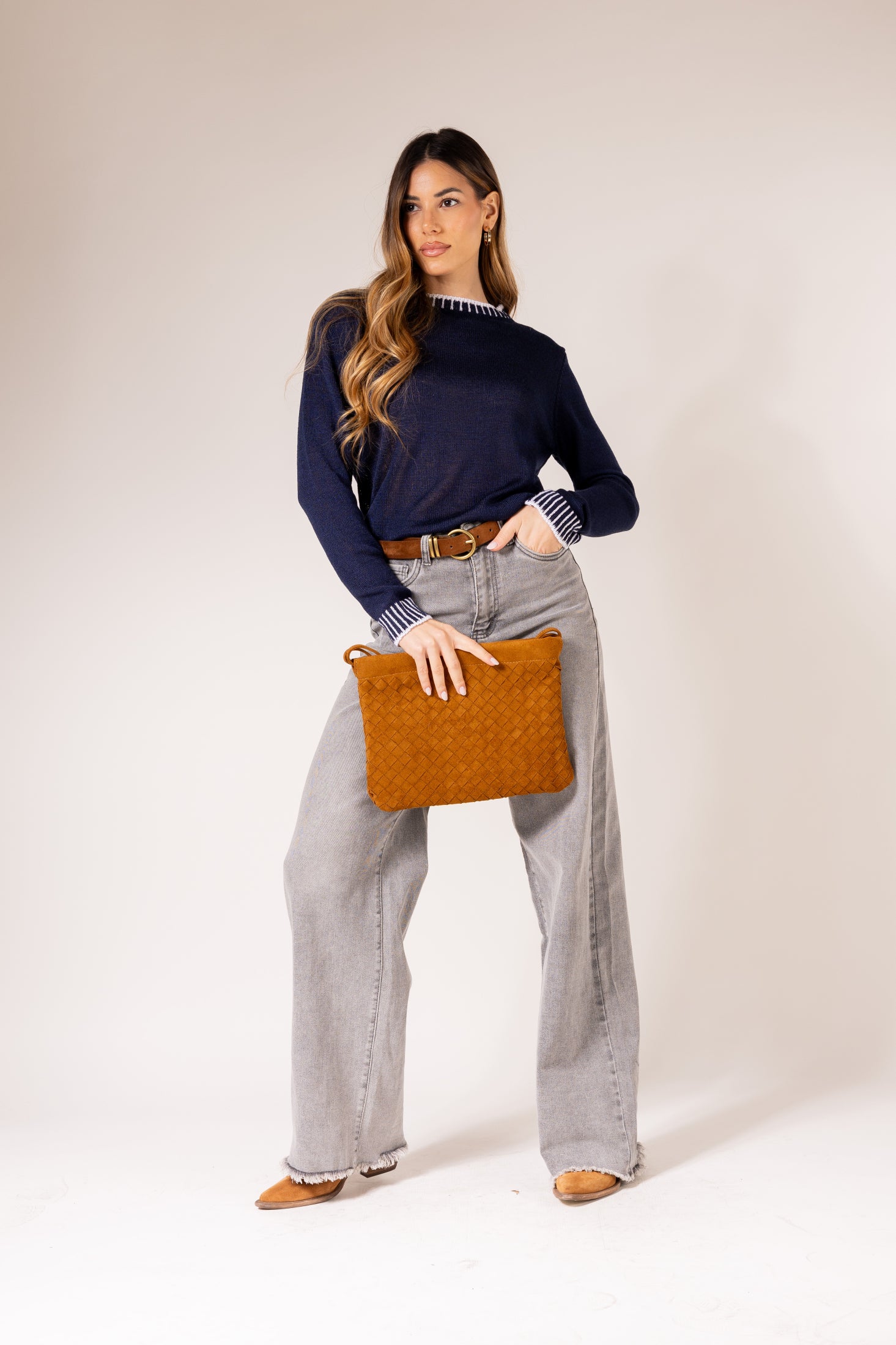 Pullover con lavorazione a maglia rasa|Colore:Blu/bianco