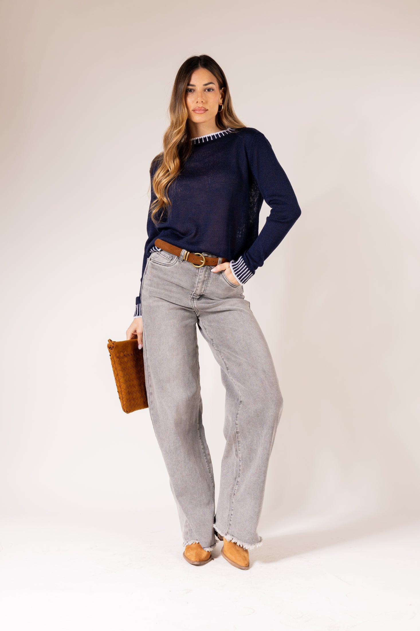 Pullover con lavorazione a maglia rasa|Colore:Blu/bianco