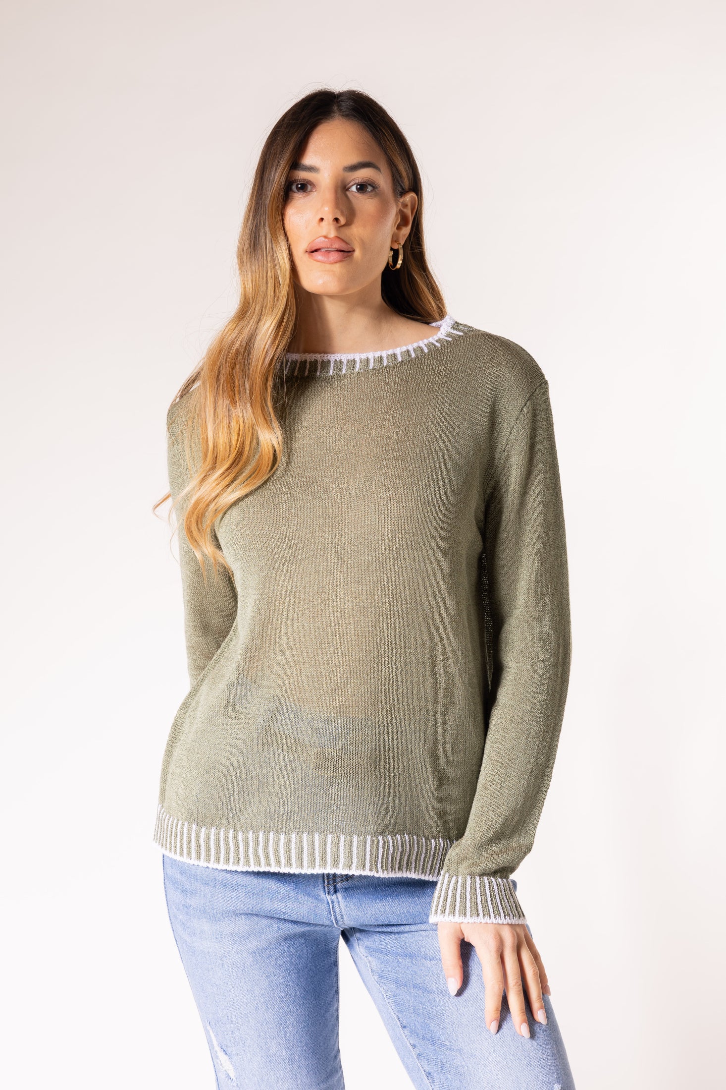 Pullover con lavorazione a maglia rasa|Colore:Militare/bianco