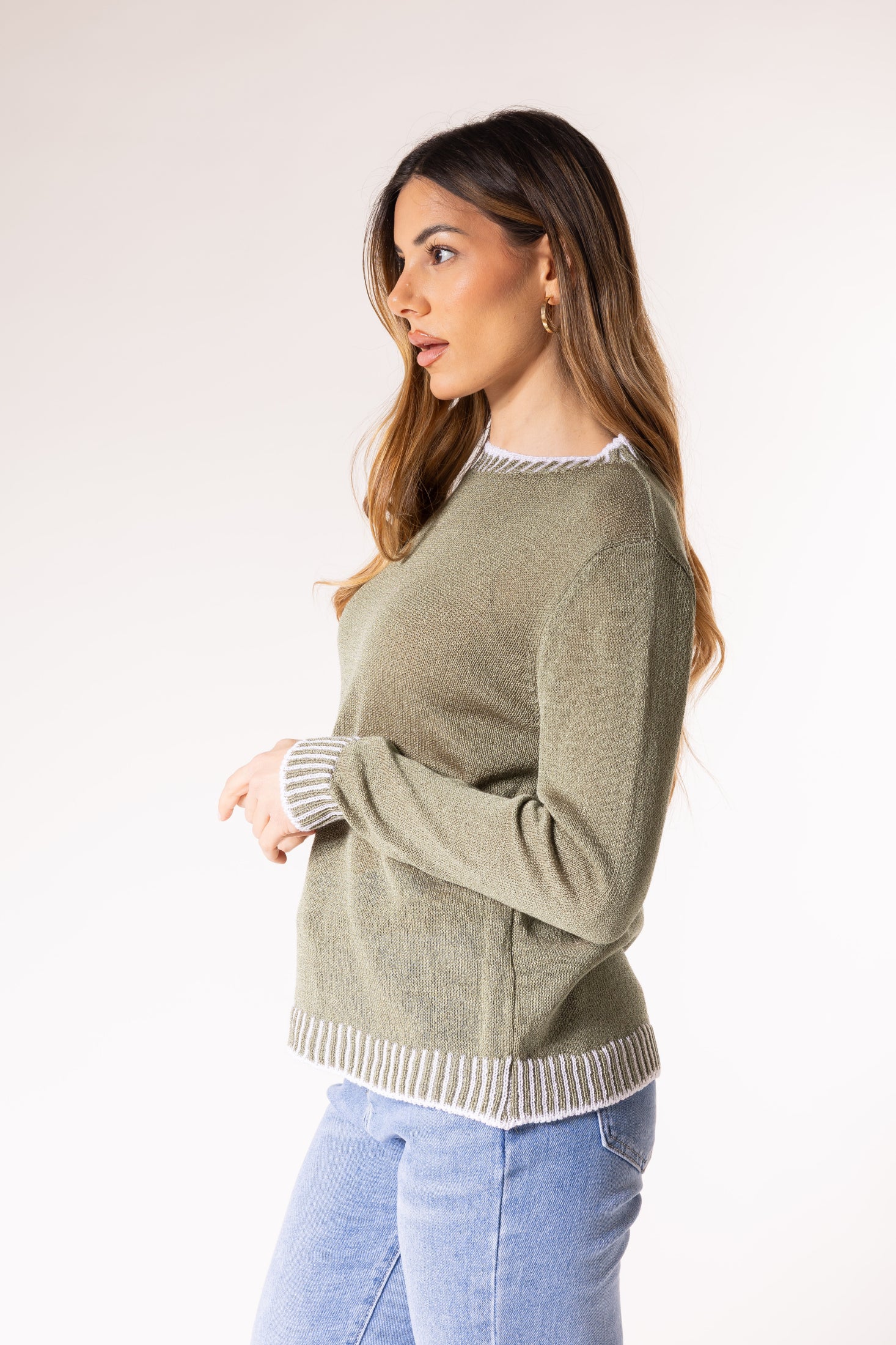Pullover con lavorazione a maglia rasa|Colore:Militare/bianco
