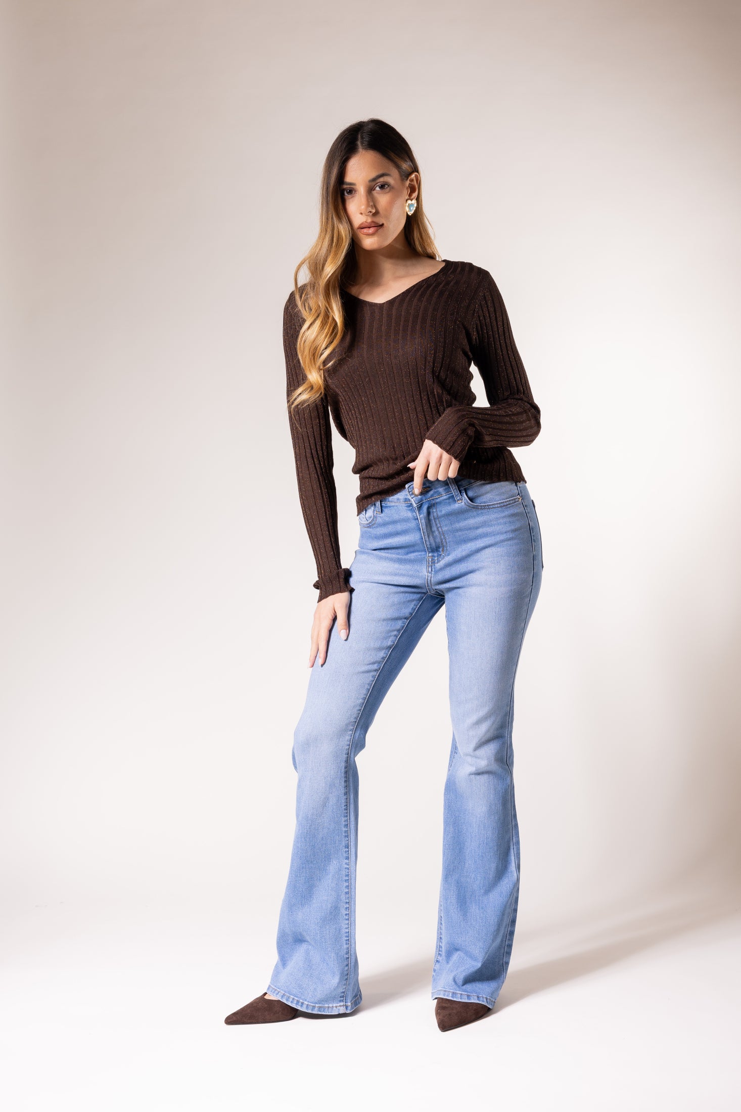 Maglione a coste con scollo a V|Colore:Caffe