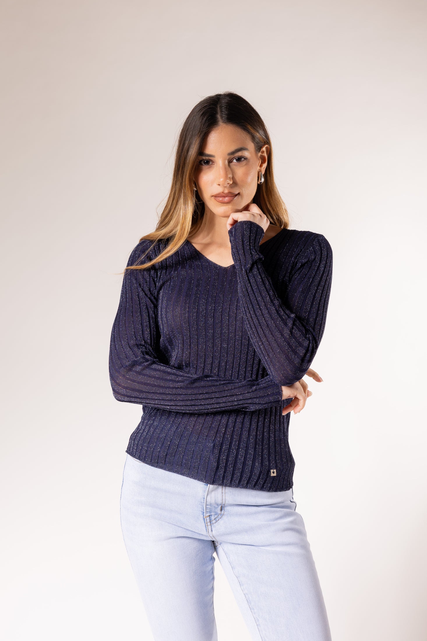 Maglione a coste con scollo a V|Colore:Blu scuro