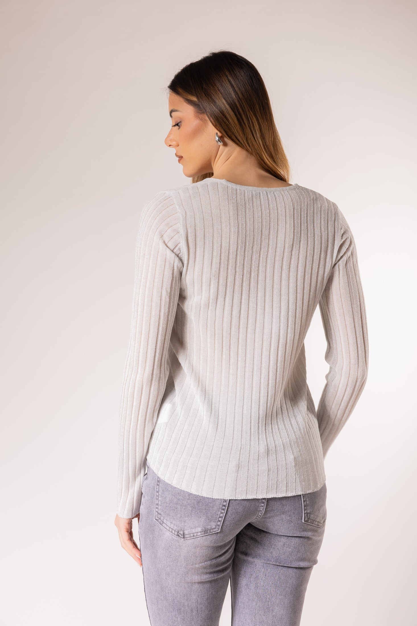 Maglione a coste con scollo a V|Colore:Bianco