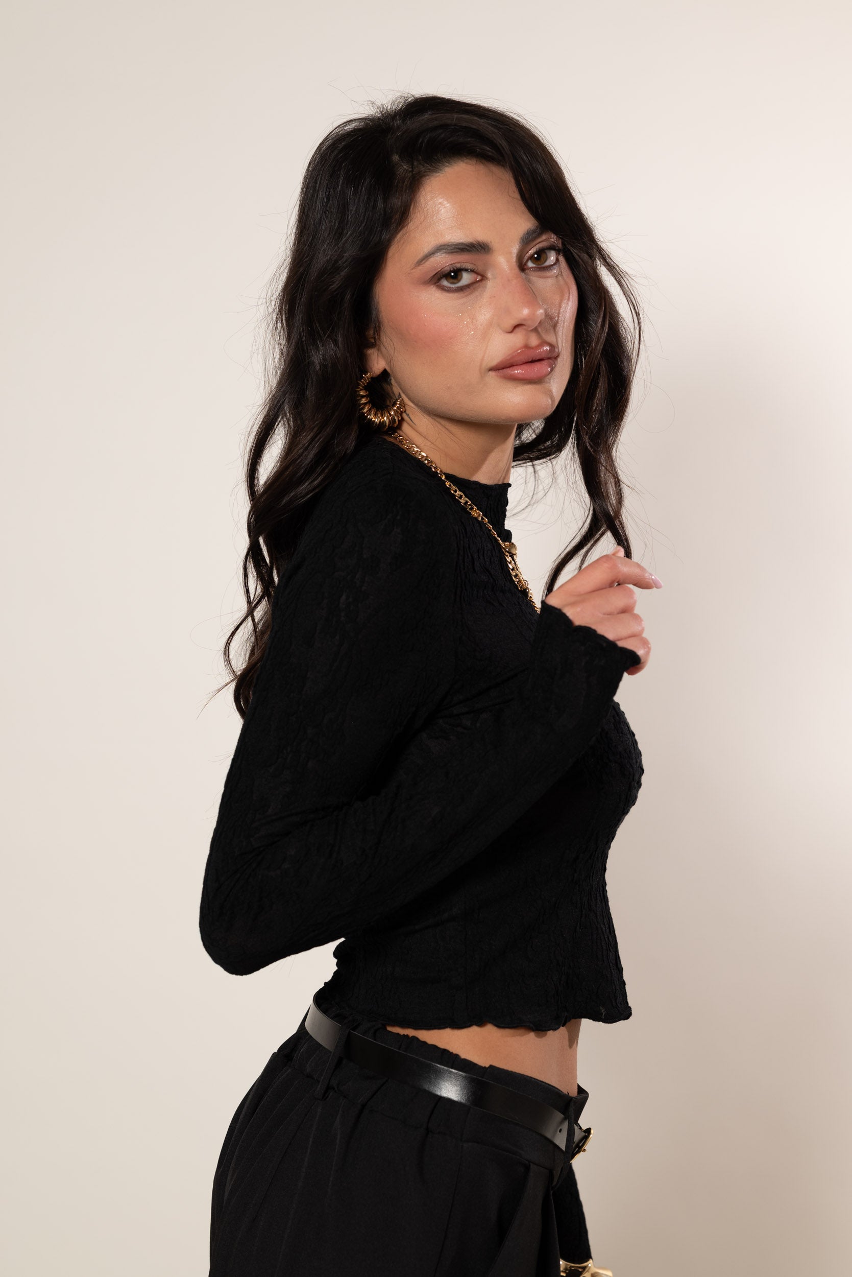 Maglia crop in pizzo|Colore:Nero