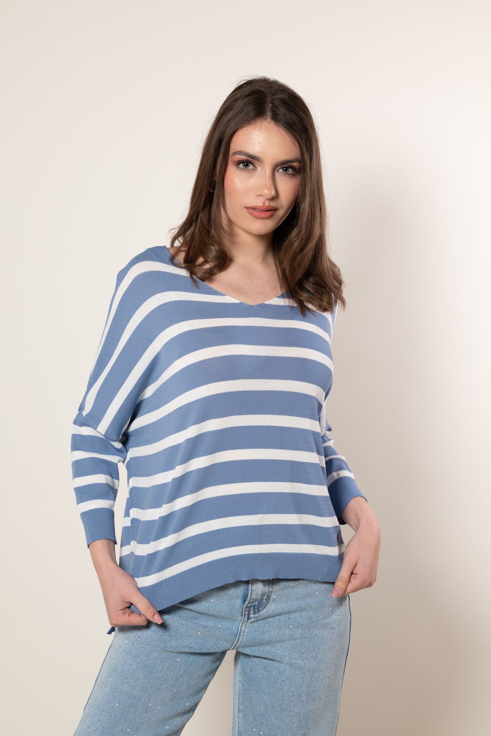 Maglia V Stripe|Colore:Jeans