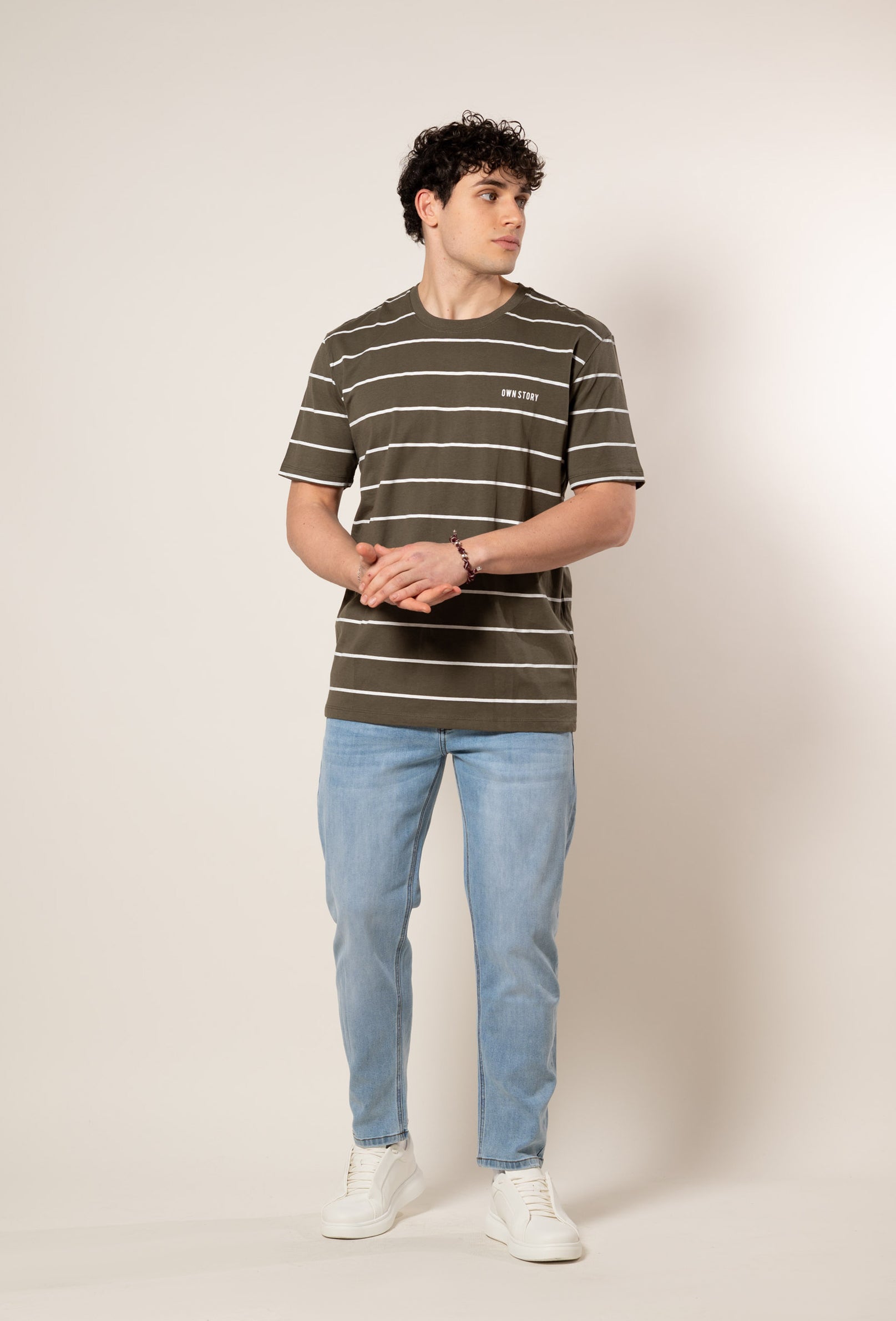 T-shirt a righe orizzontali con scritta ricamata s|Colore:Verde militare