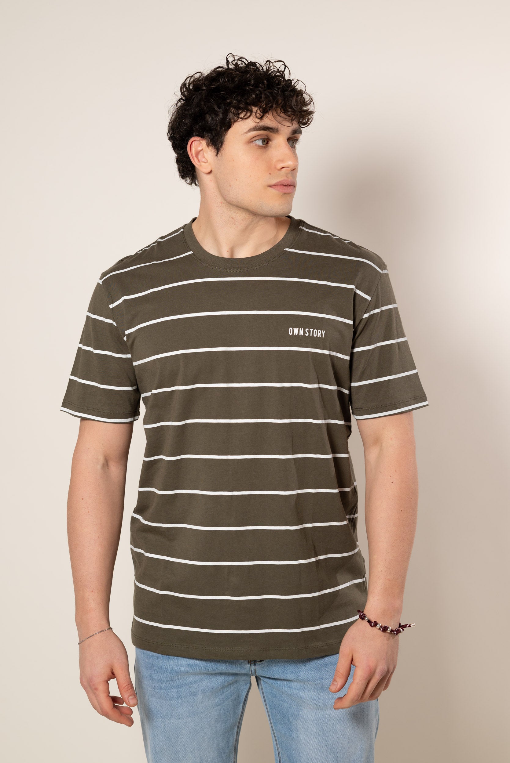 T-shirt a righe orizzontali con scritta ricamata s|Colore:Verde militare