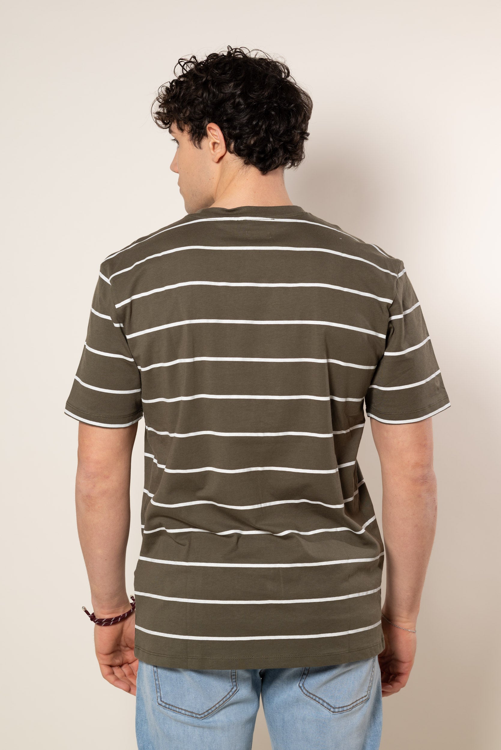 T-shirt a righe orizzontali con scritta ricamata s|Colore:Verde militare