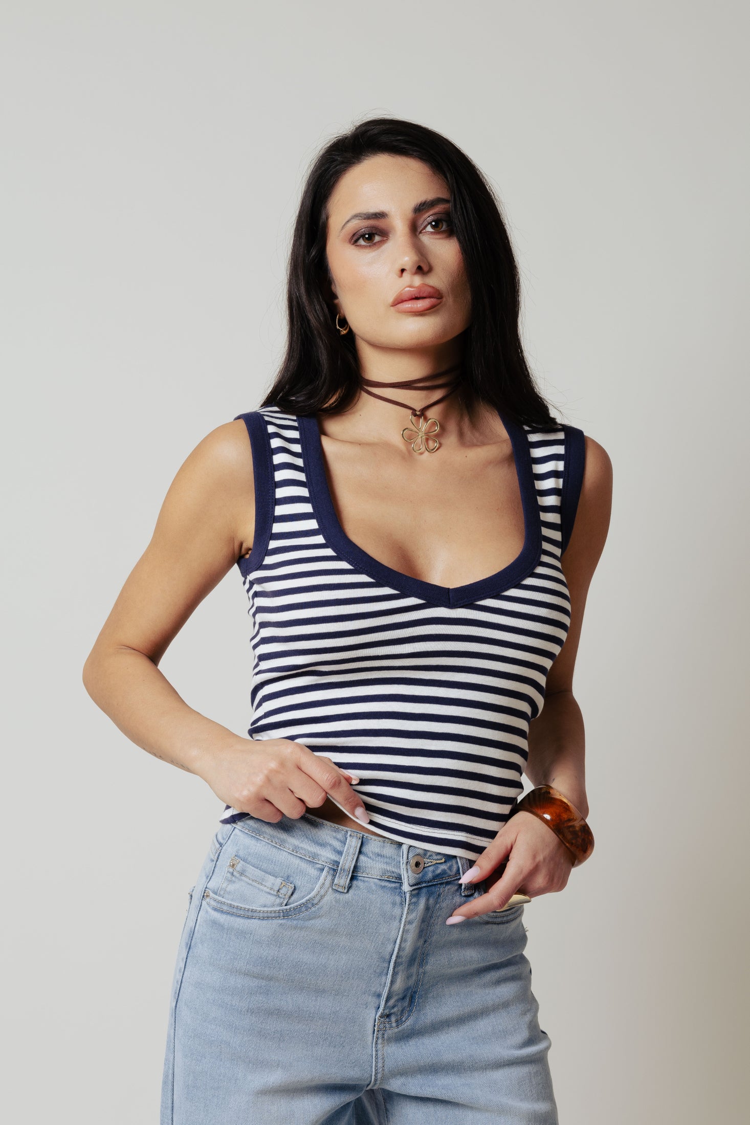 Canotta V a costina|Colore:Bianco/blu