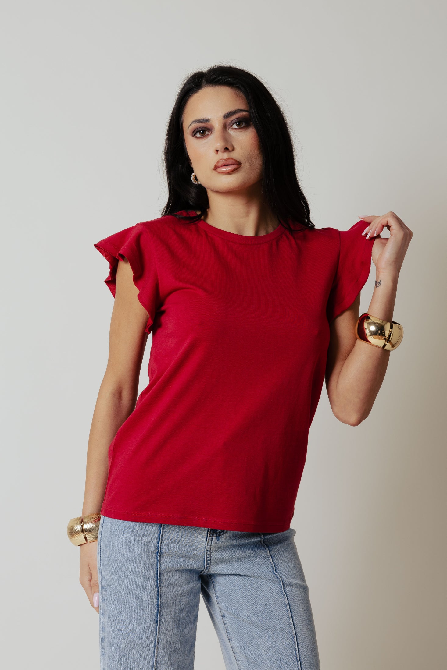 T-shirt volant|Colore:Rosso india