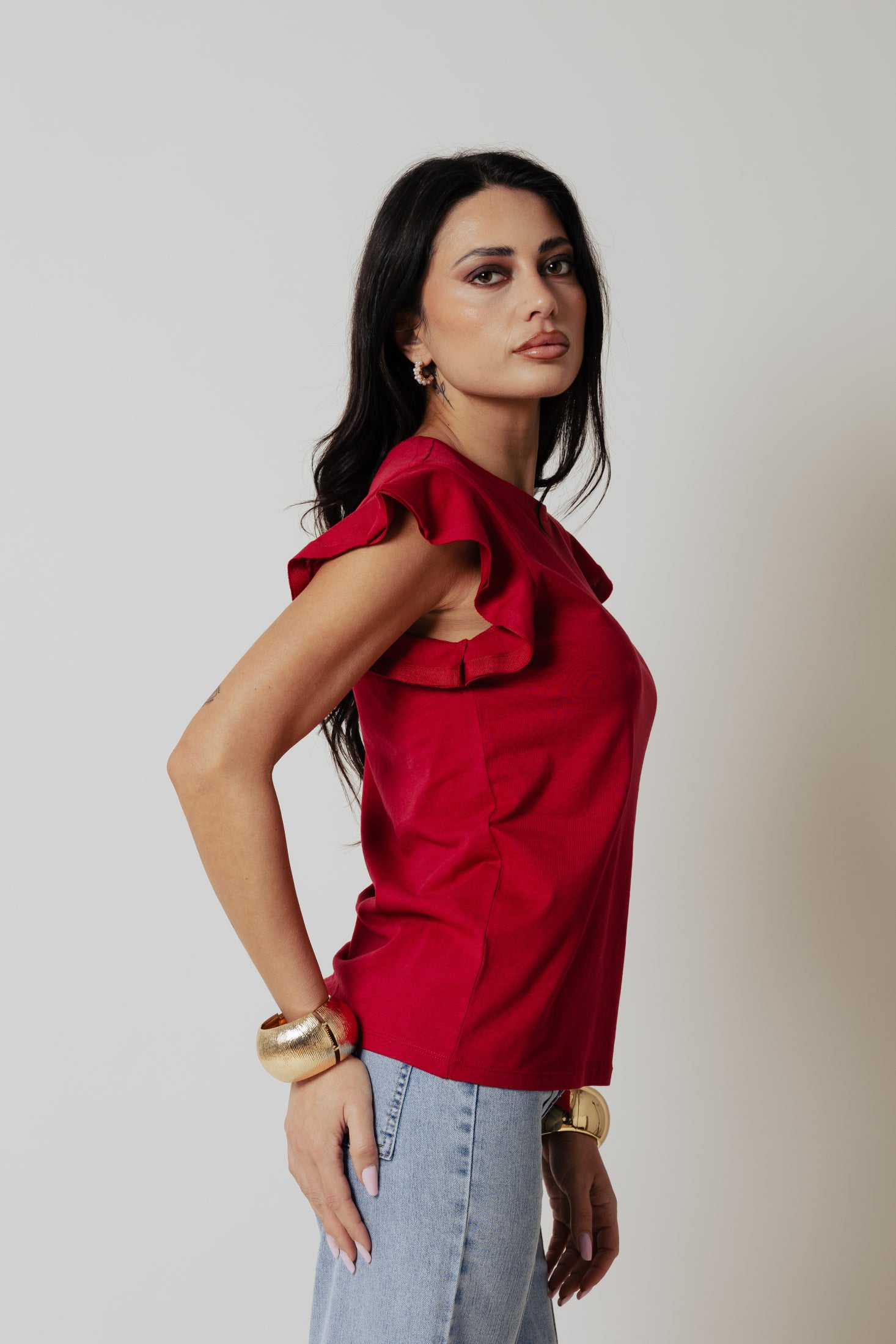 T-shirt volant|Colore:Rosso india