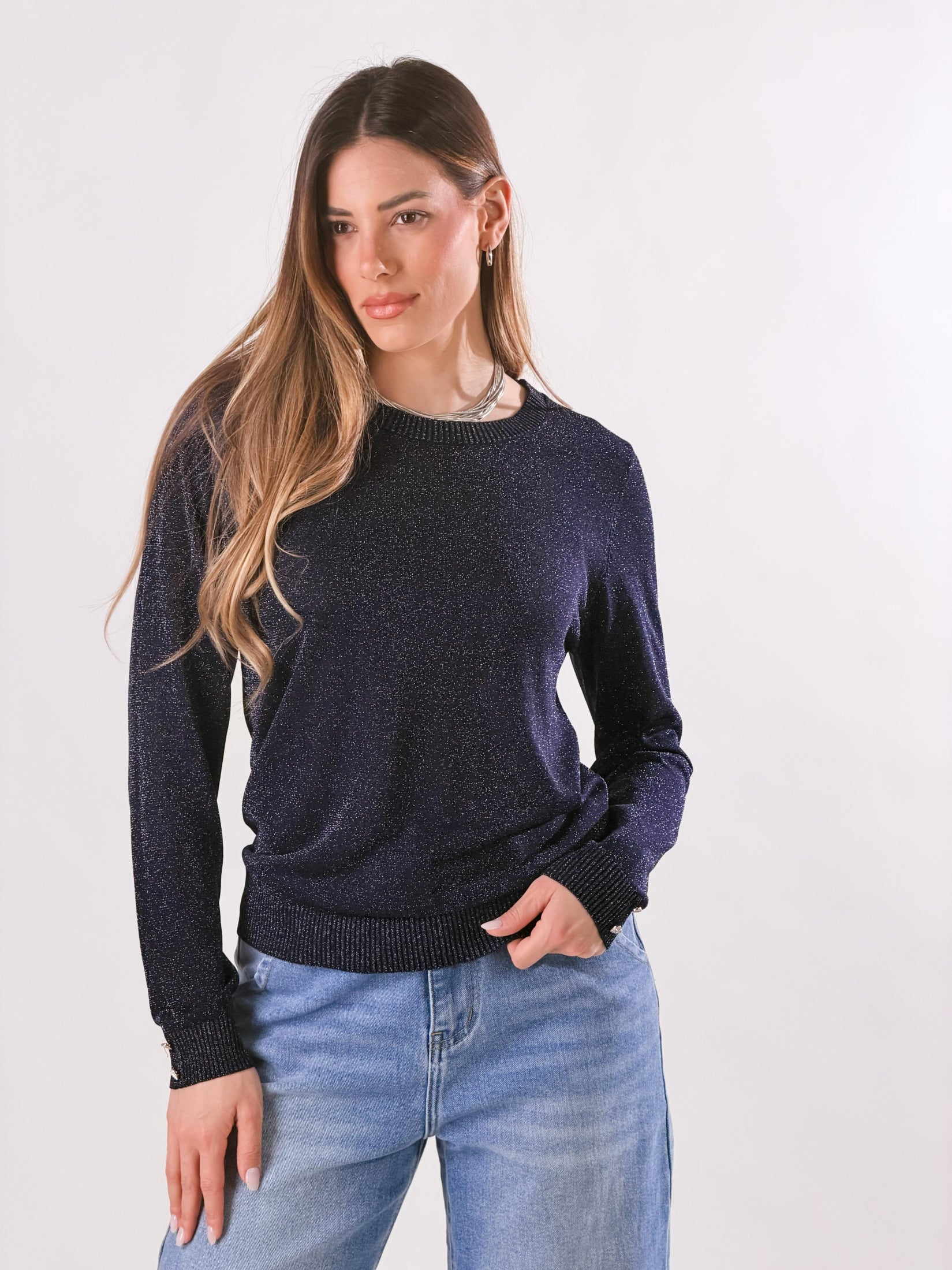 Maglia lurex con charms ai polsi|Colore:Blu scuro