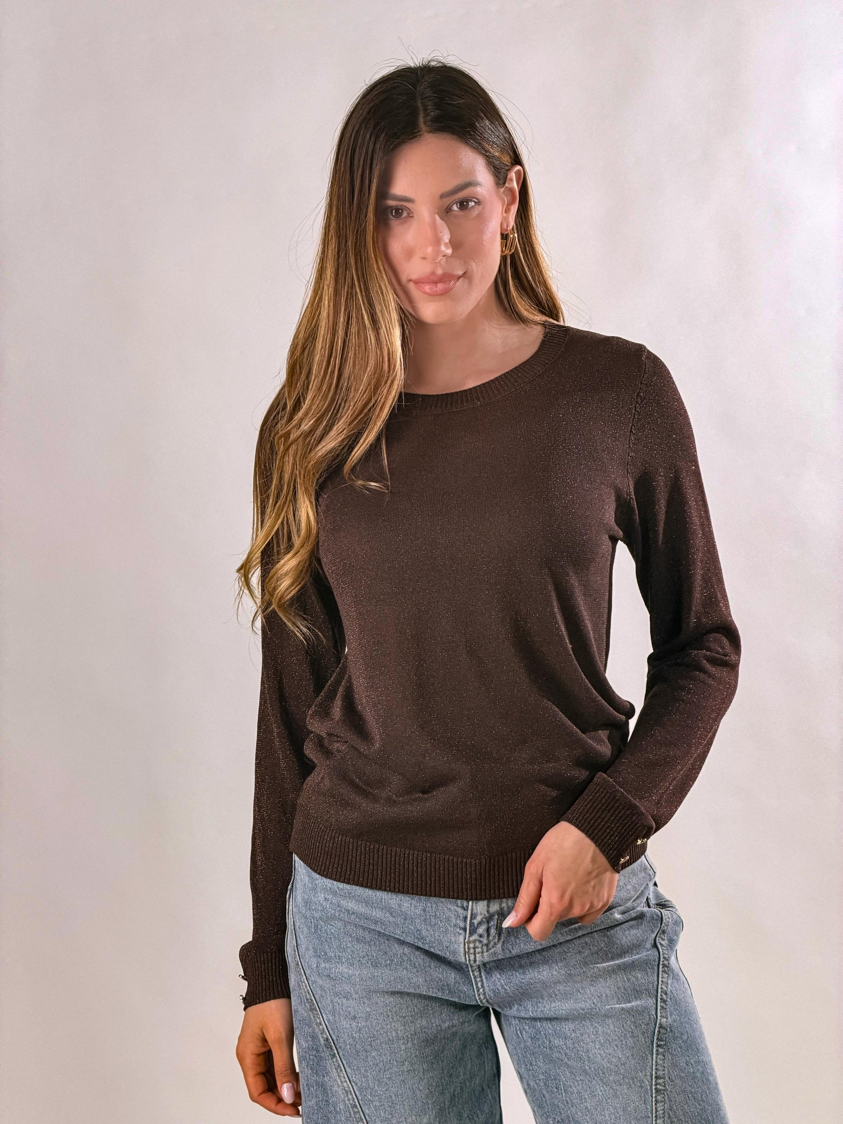 Maglia lurex con charms ai polsi|Colore:Caffe