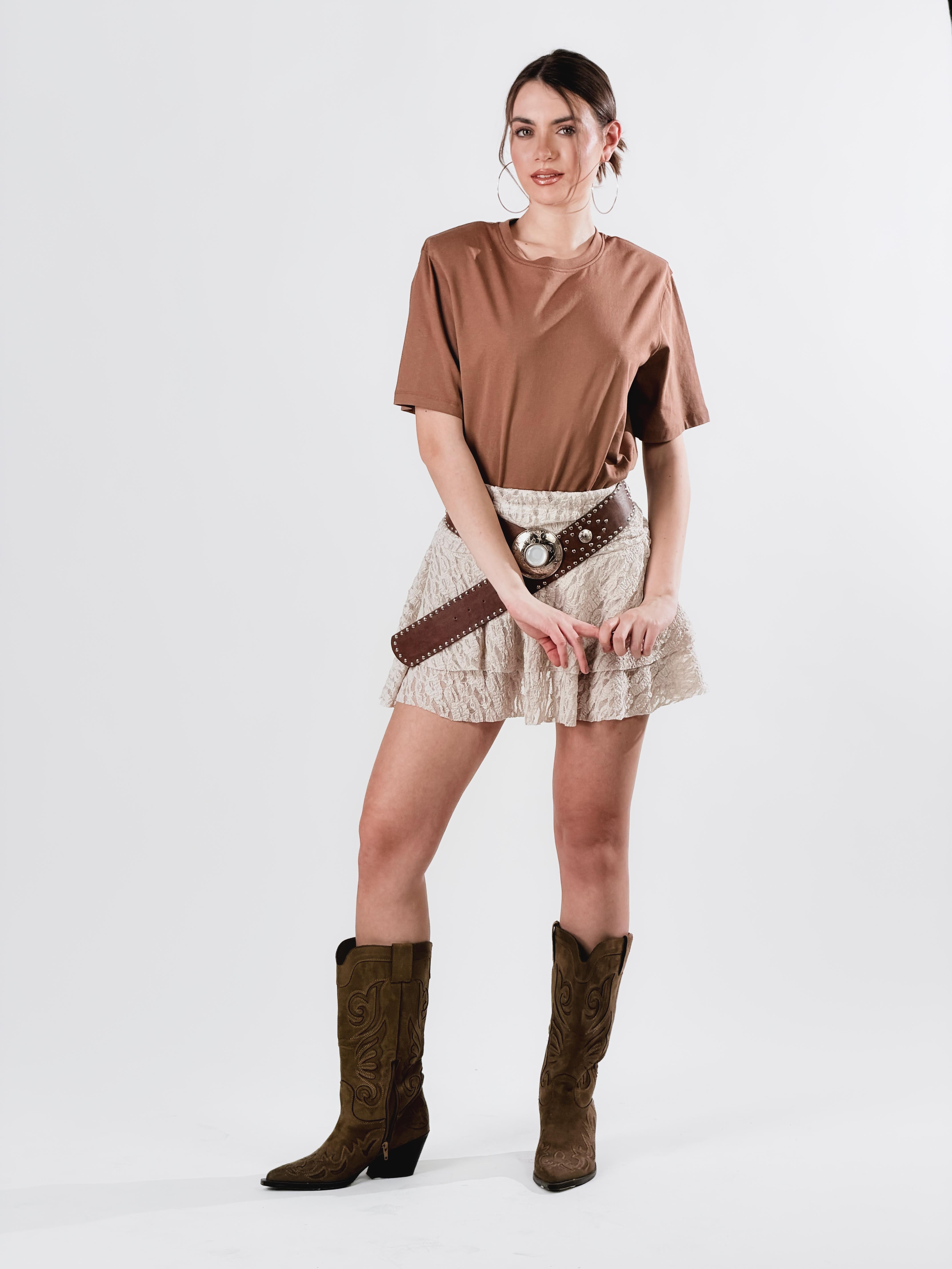 Minigonna a vita alta con balze e orlo a volant|Colore:Beige
