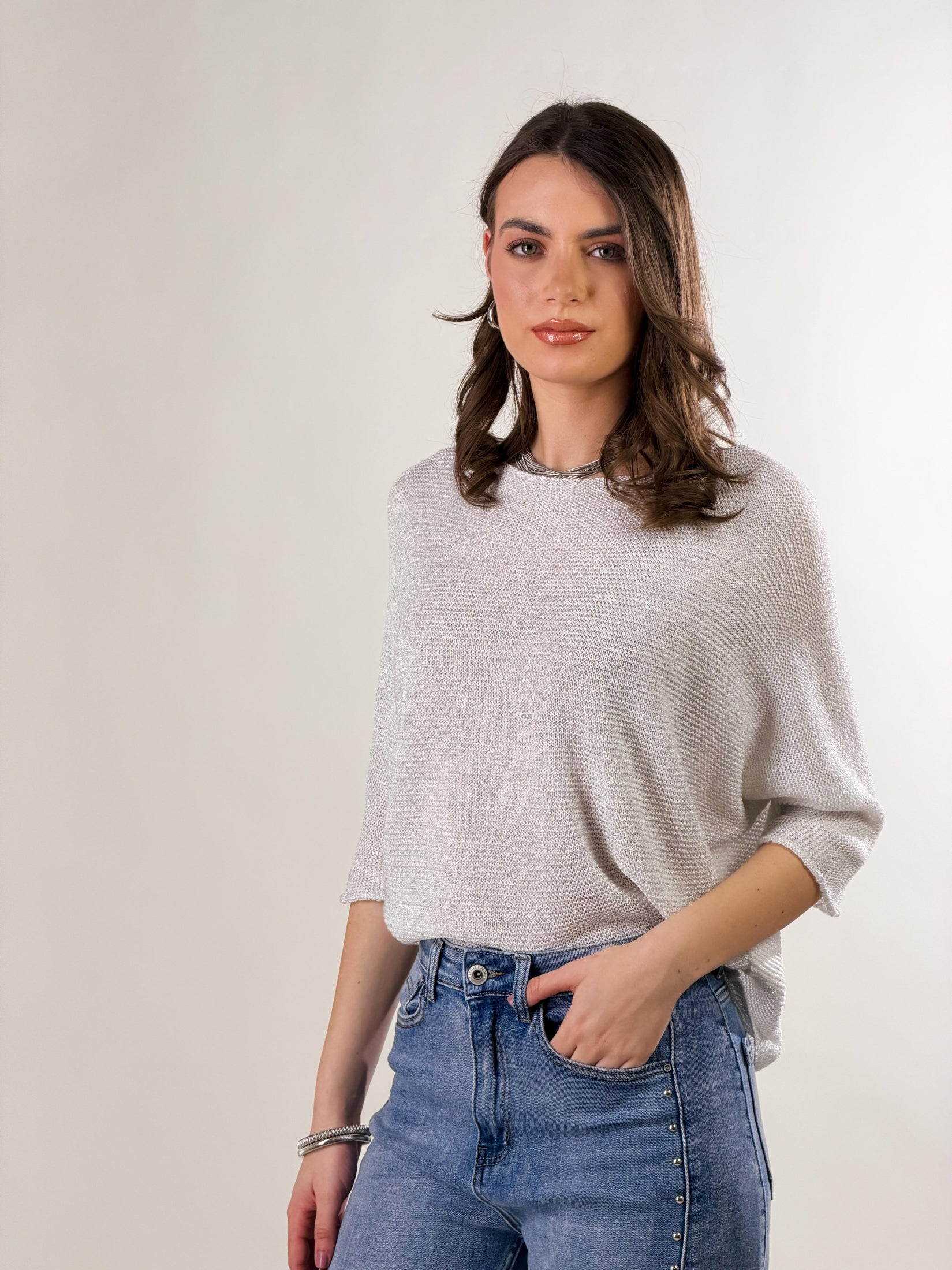 Maglia con lavorazione a maglia leggera, vestibili|Colore:Bianco