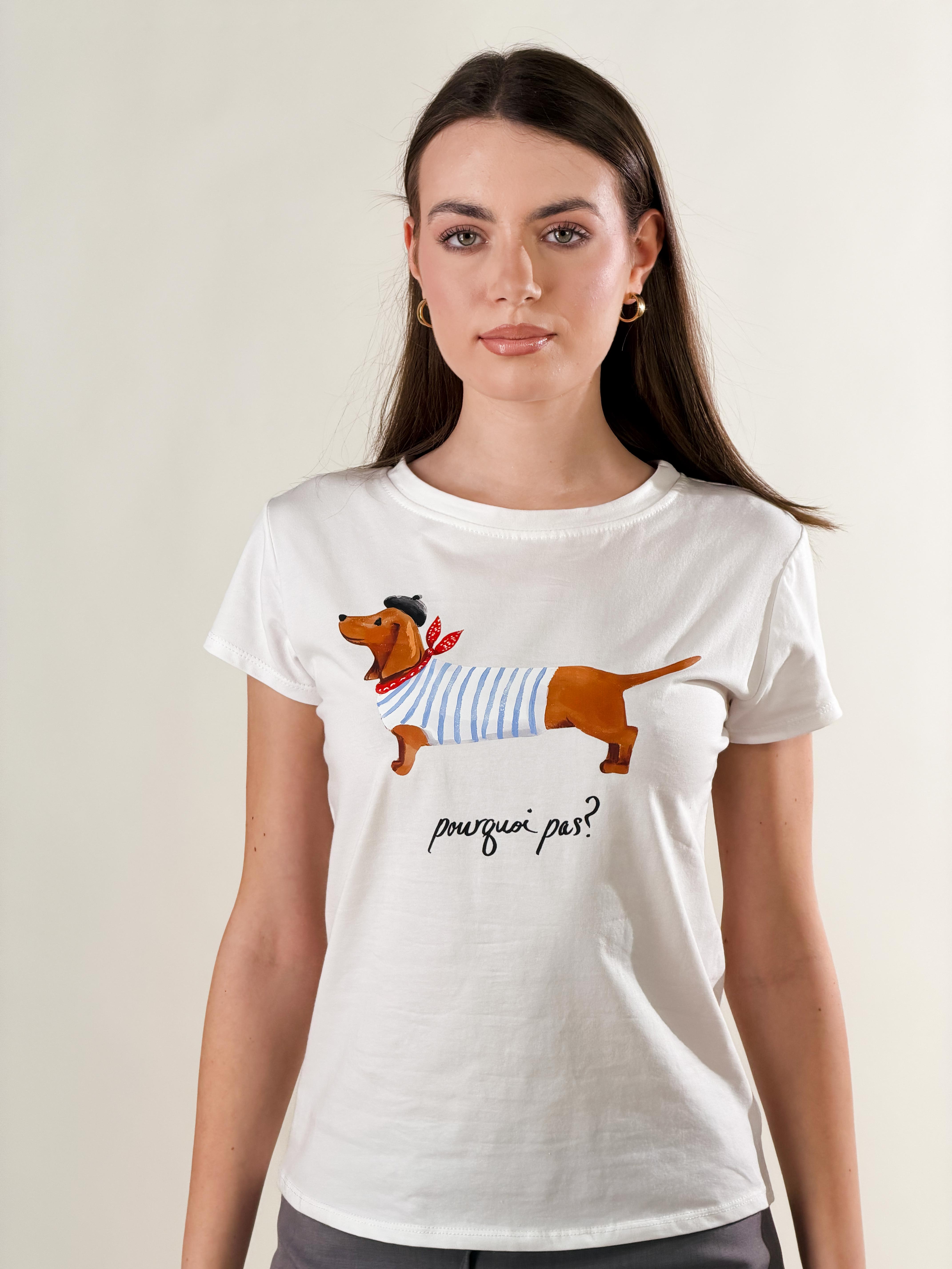 Maglietta slim in cotone con stampa bassotto|Colore:Bianco/celeste