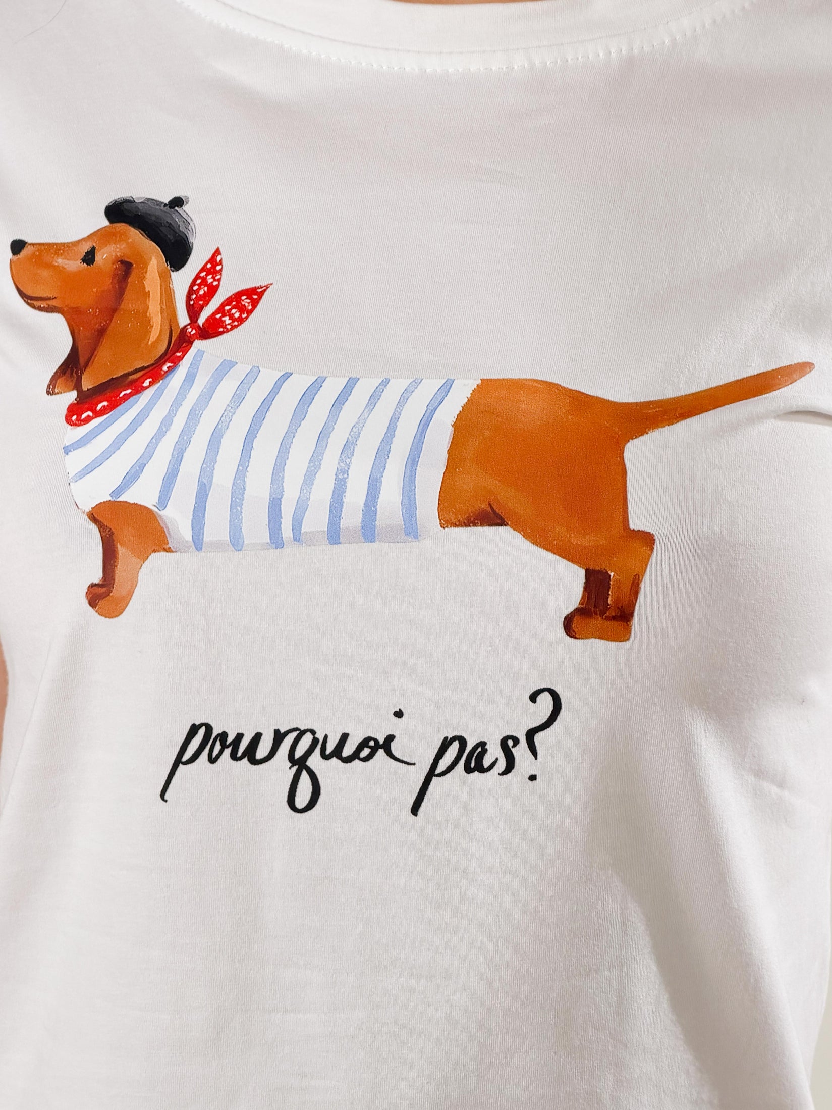 Maglietta slim in cotone con stampa bassotto|Colore:Bianco/celeste