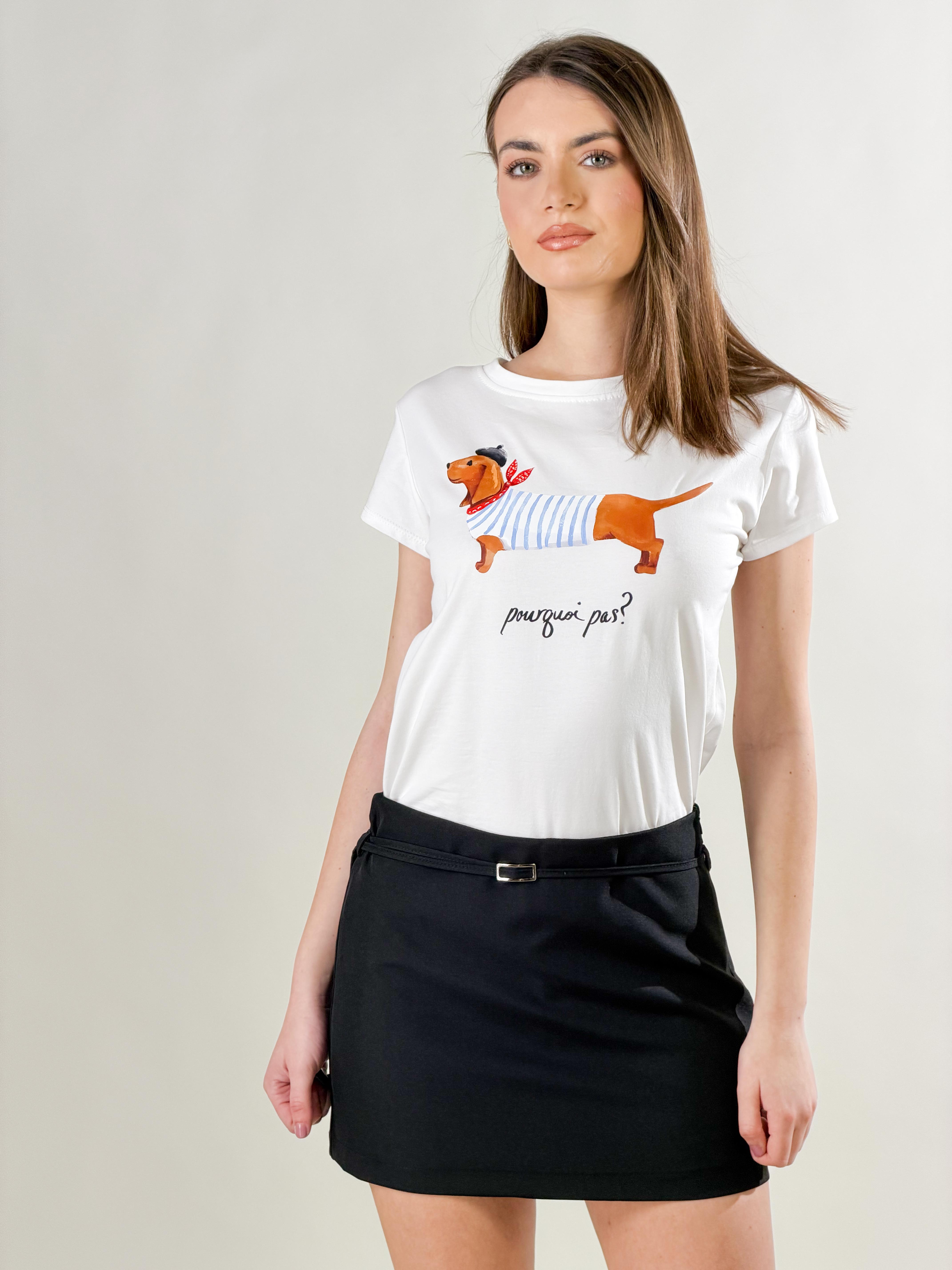 Maglietta slim in cotone con stampa bassotto|Colore:Bianco/celeste