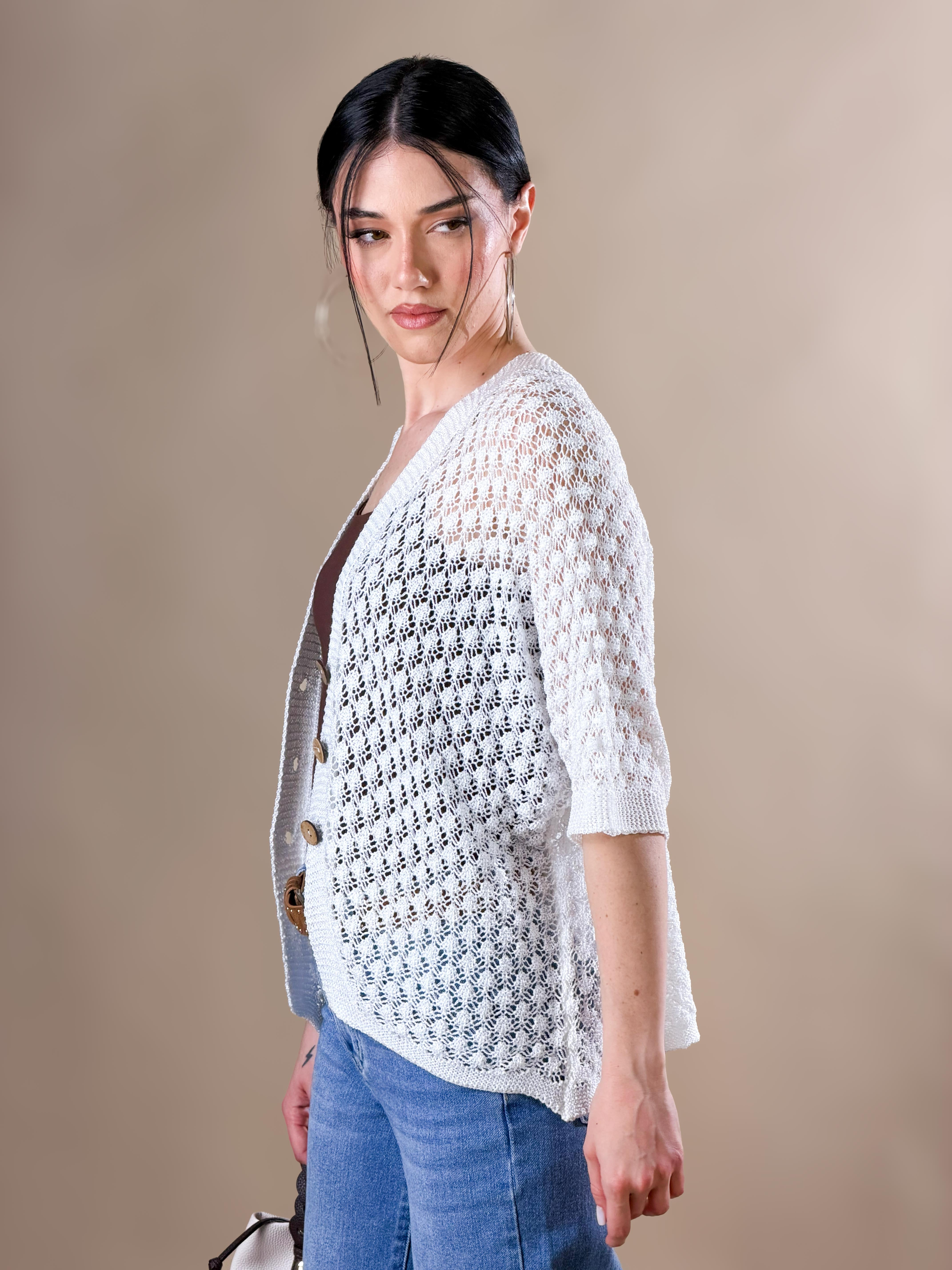 Cardigan in maglia traforata|Colore:Bianco