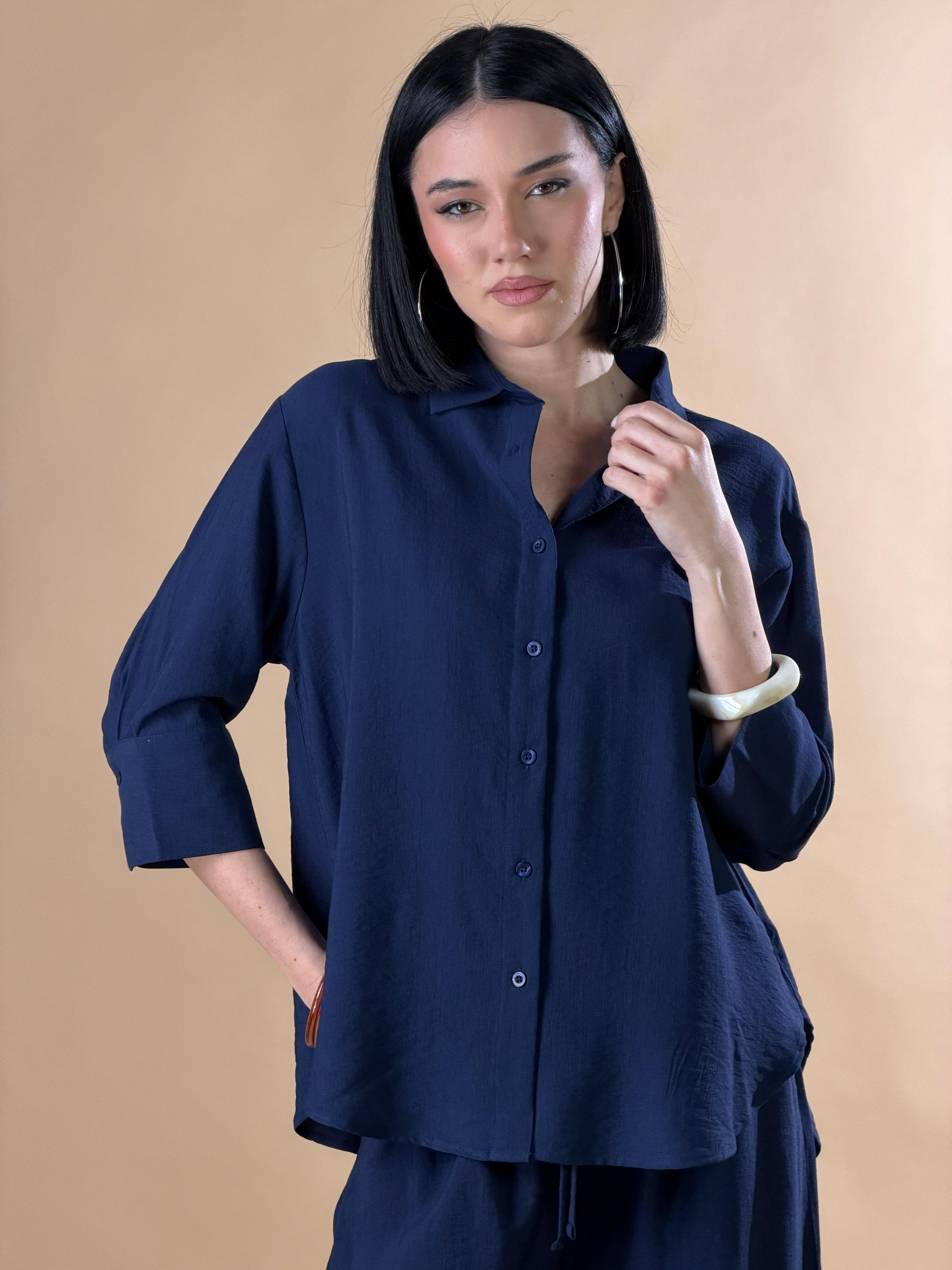 Camicia con bottoni e maniche a tre quarti|Colore:Blu