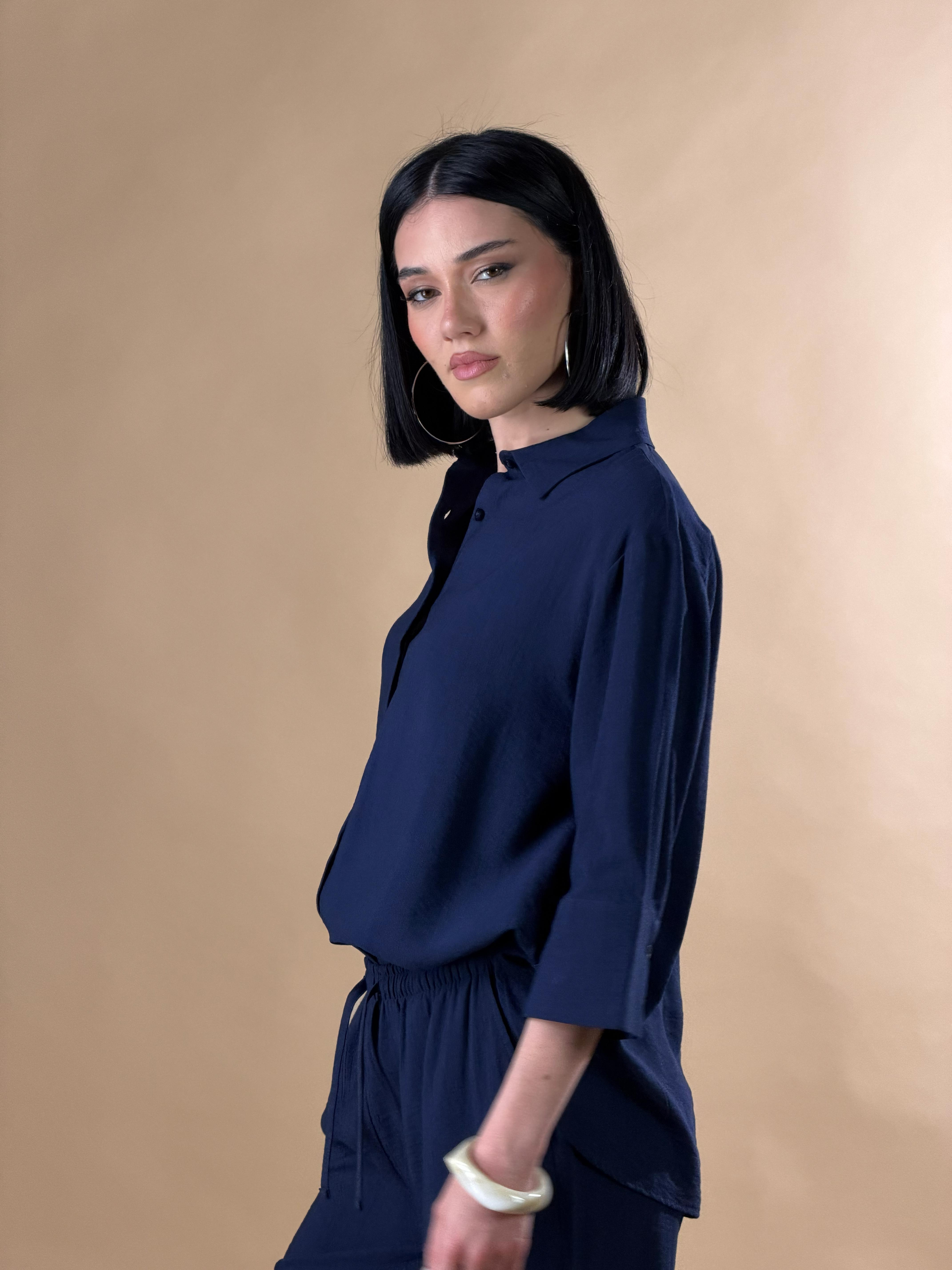 Camicia con bottoni e maniche a tre quarti|Colore:Blu