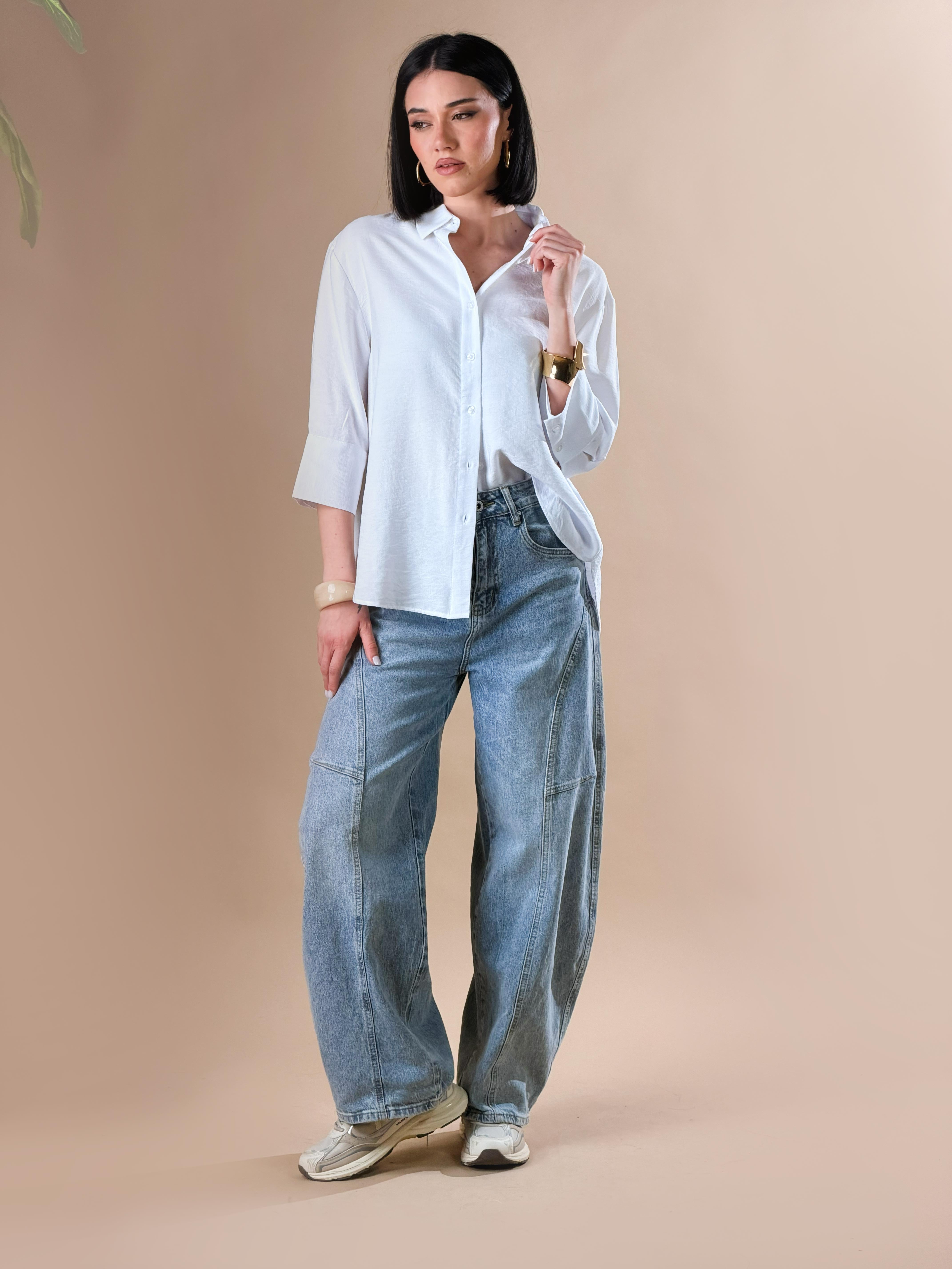 Camicia con bottoni e maniche a tre quarti|Colore:Bianco