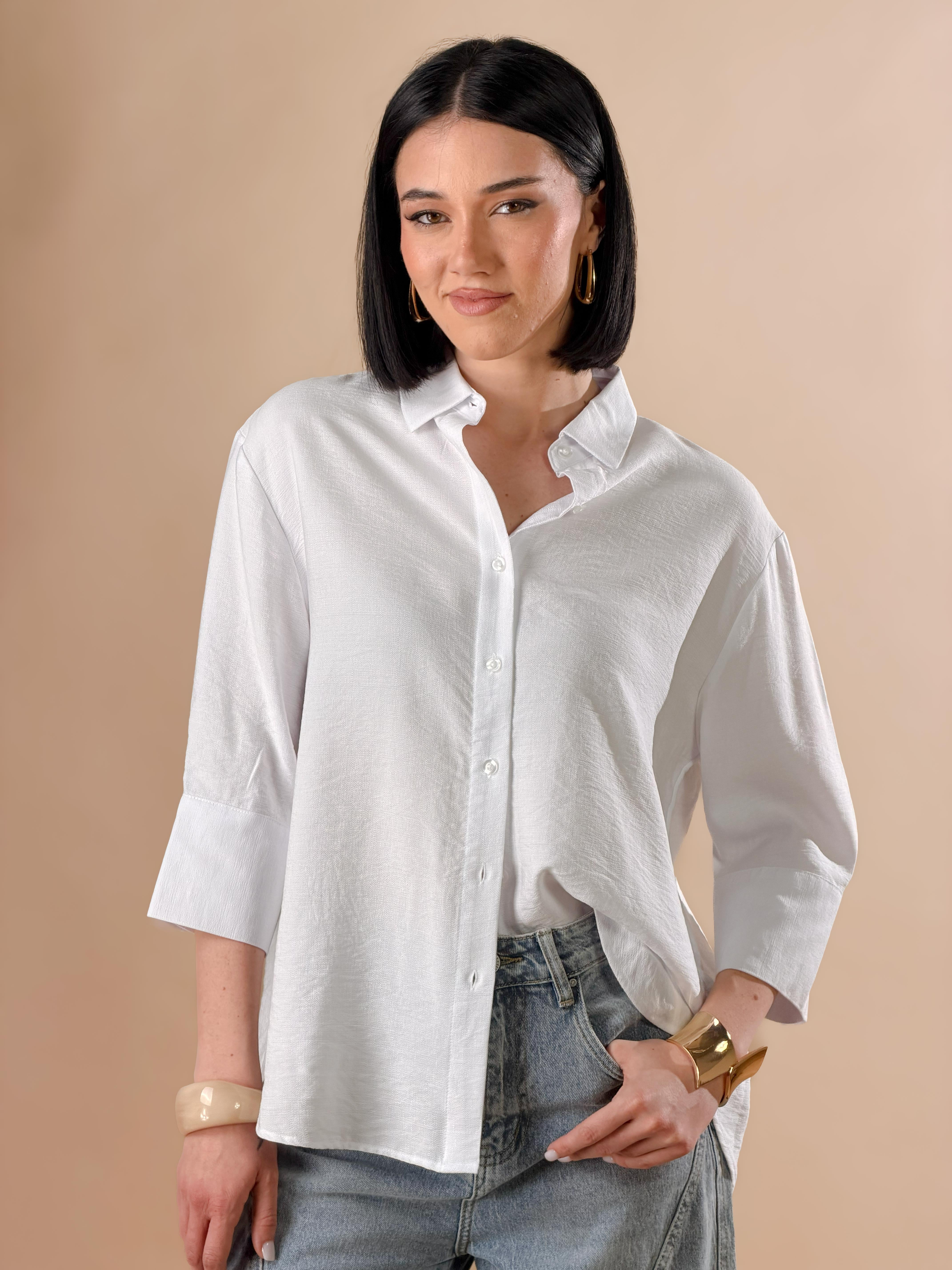 Camicia con bottoni e maniche a tre quarti|Colore:Bianco