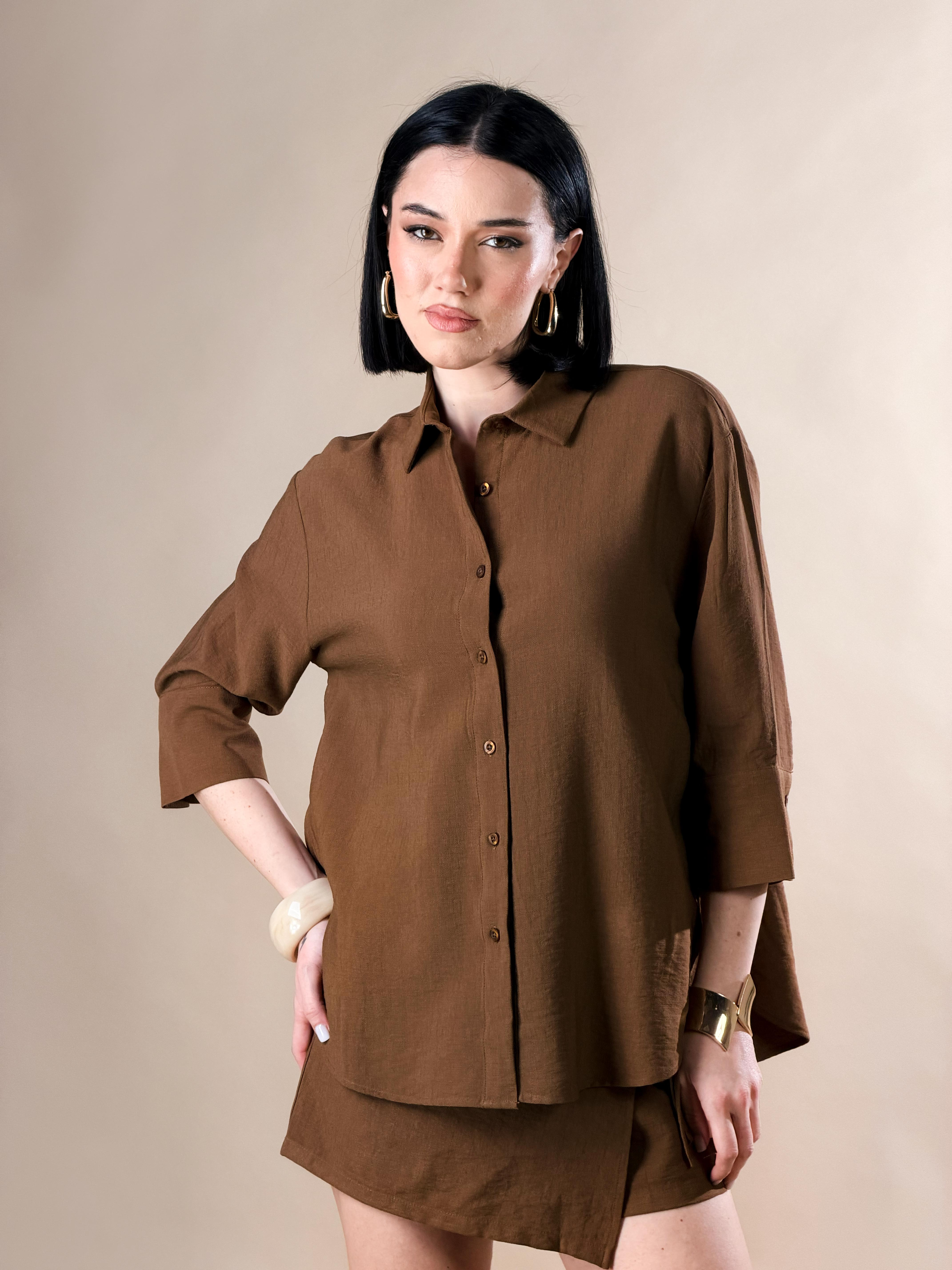 Camicia con bottoni e maniche a tre quarti|Colore:Cioccolato