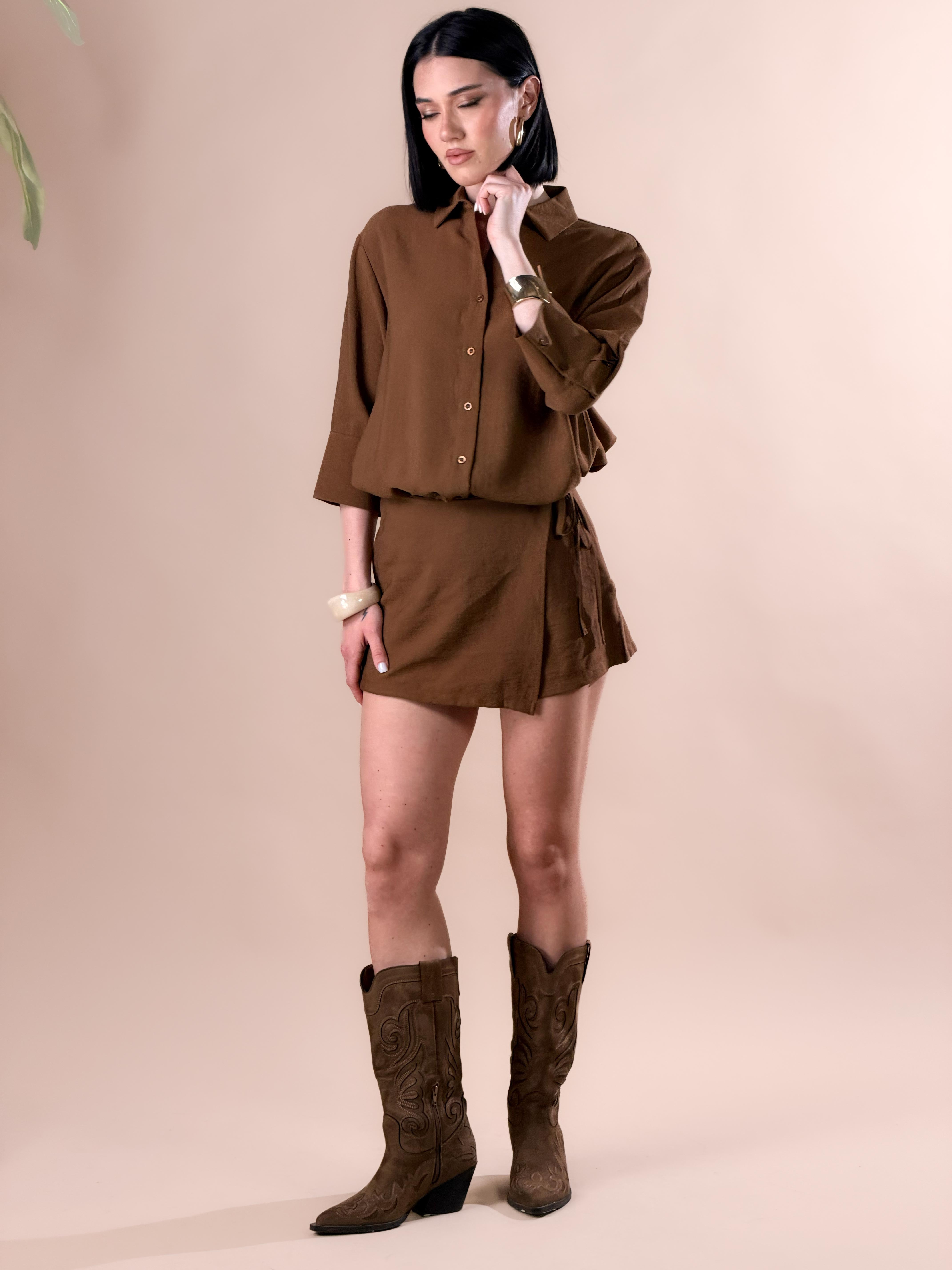 Gonna Short effetto lino|Colore:Cioccolato