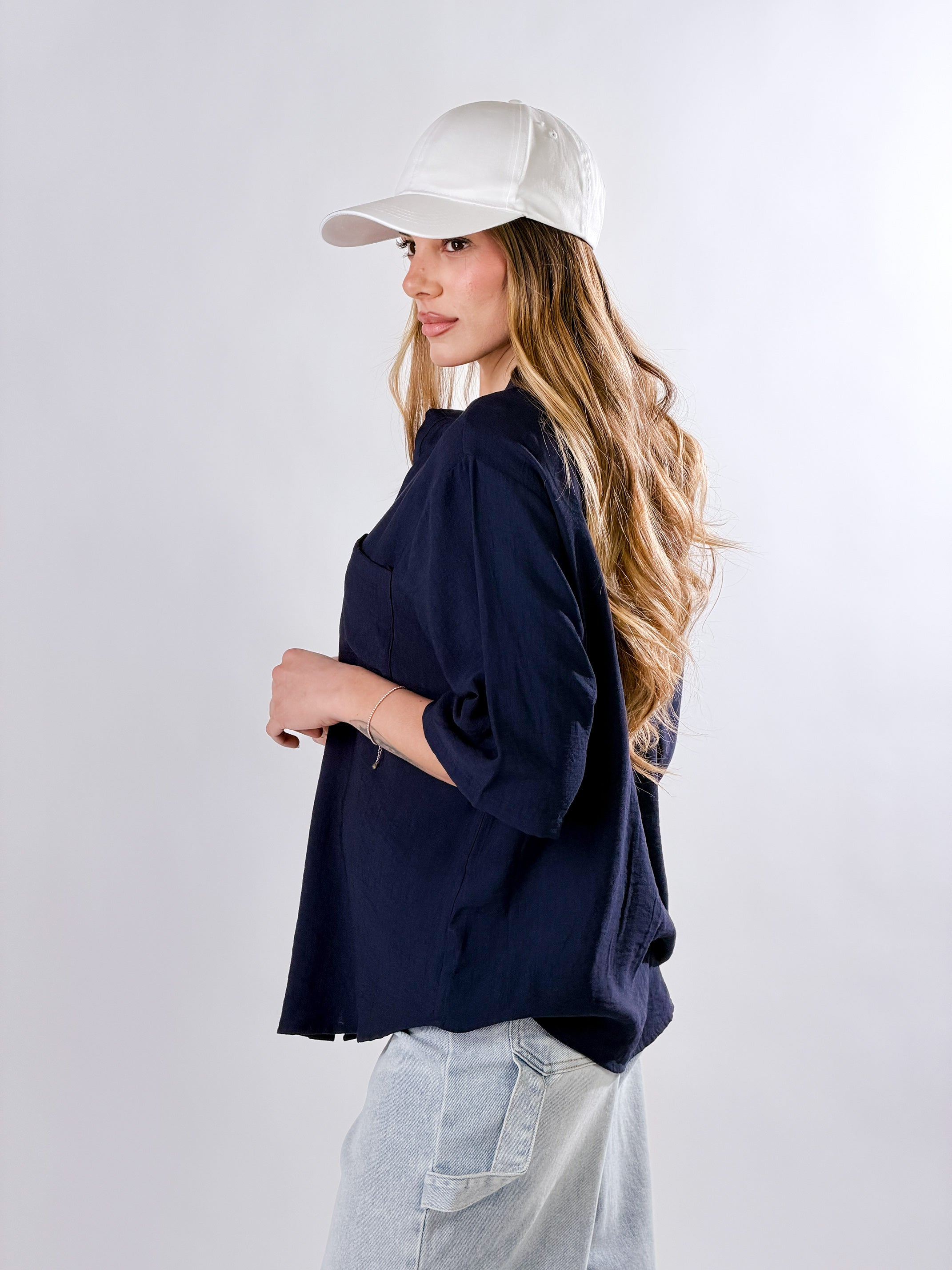 Camicia Coreana effetto lino|Colore:Blu