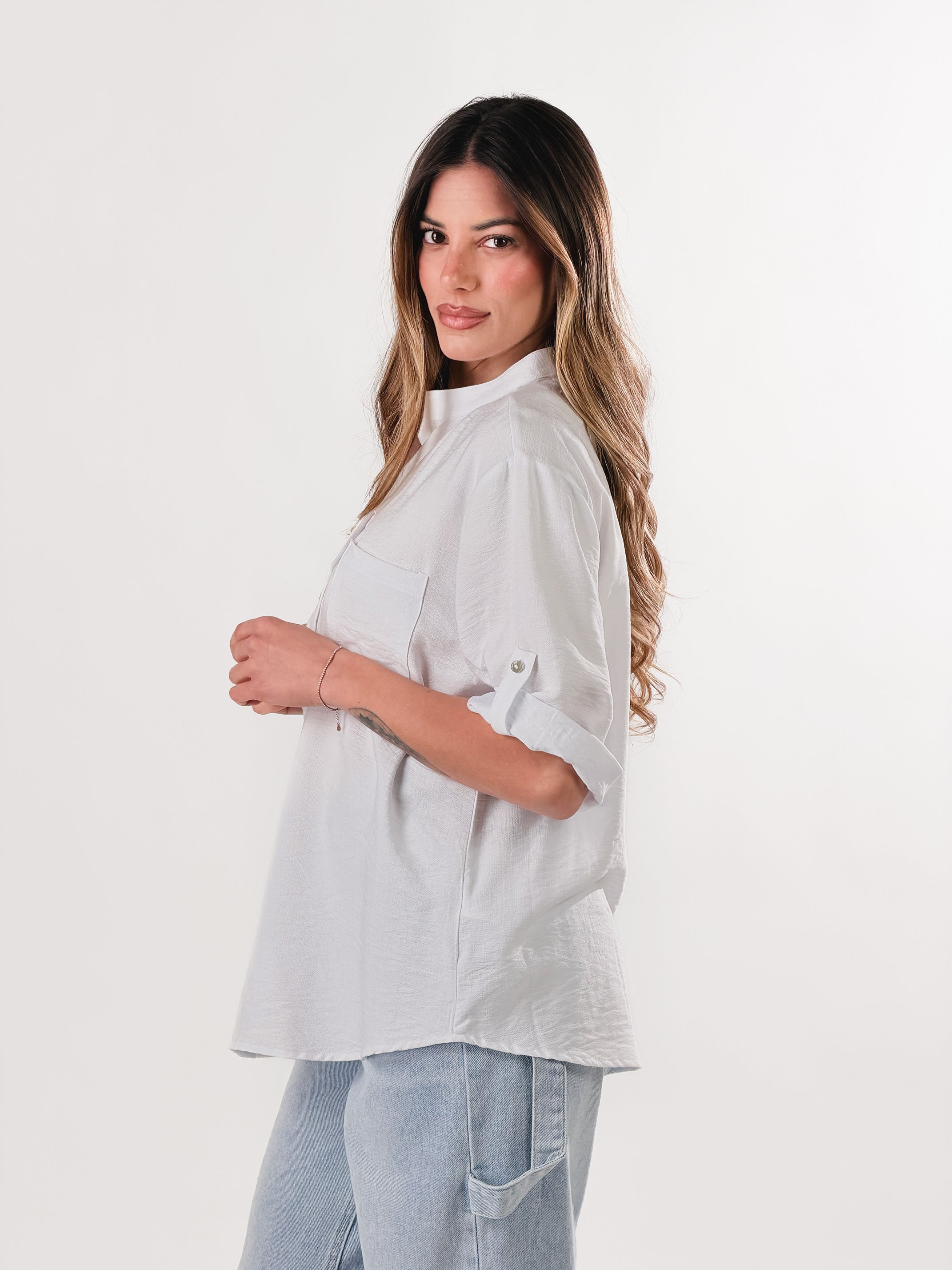 Camicia Coreana effetto lino|Colore:Bianco