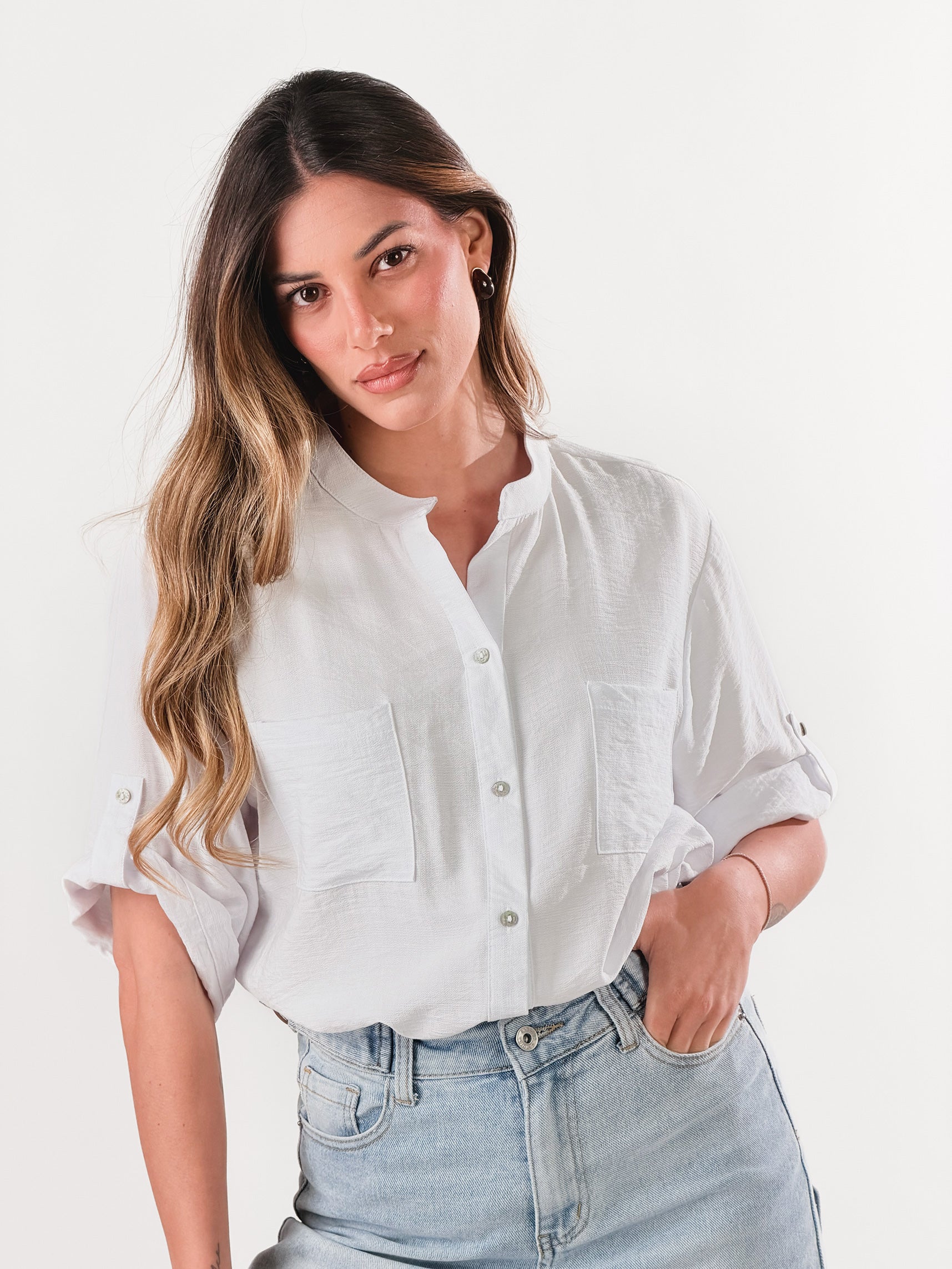 Camicia Coreana effetto lino|Colore:Bianco