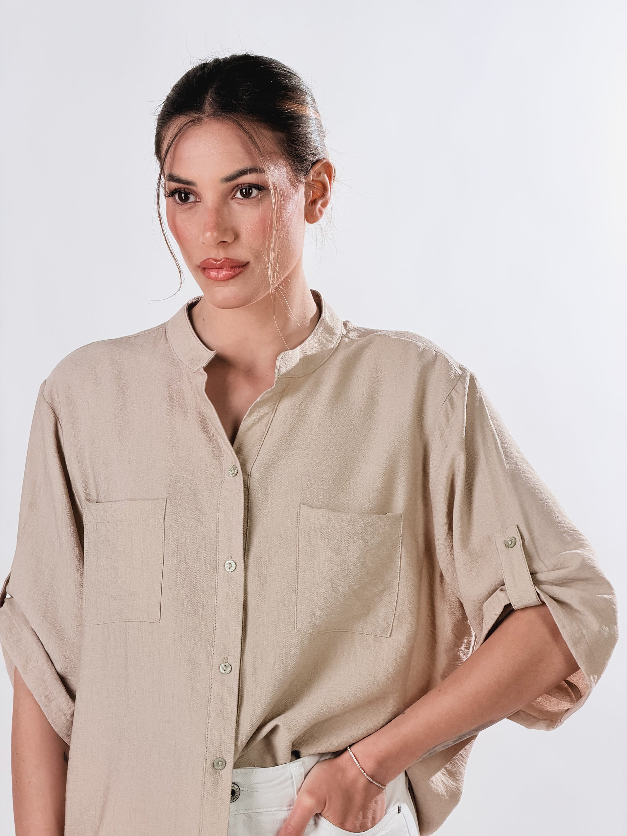 Camicia Coreana effetto lino|Colore:Beige
