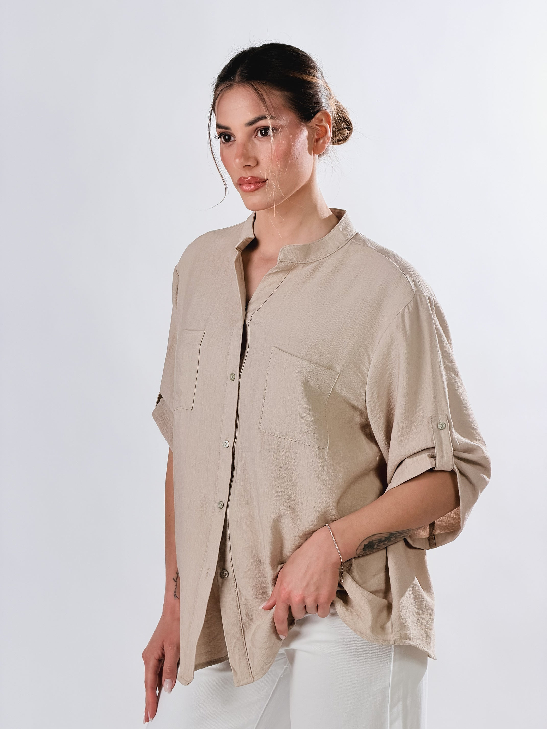 Camicia Coreana effetto lino|Colore:Beige