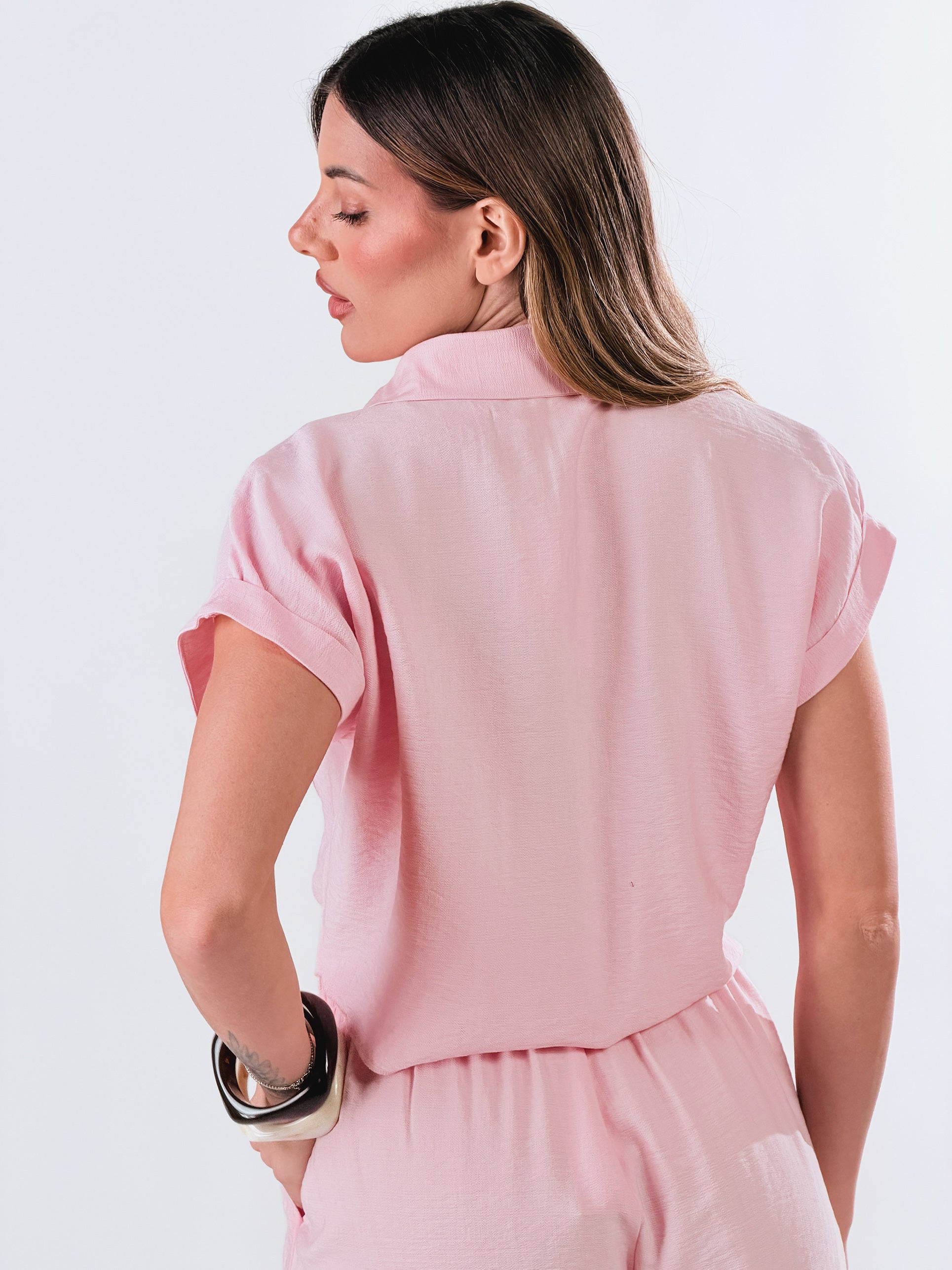 Camicia con nodo effetto lino|Colore:Rosa