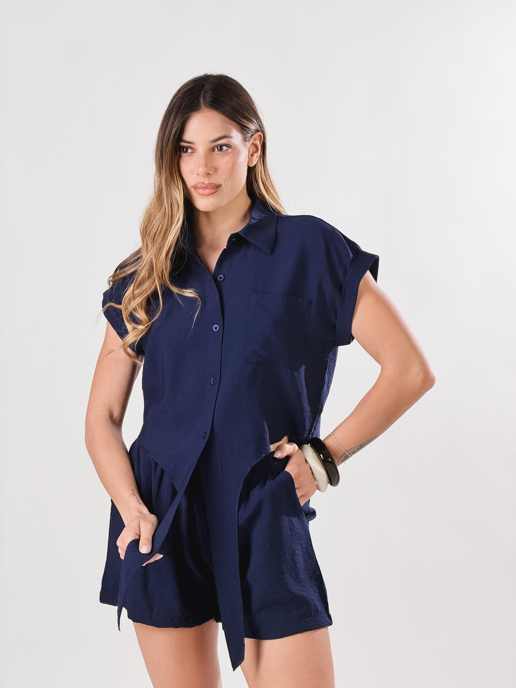 Camicia con nodo effetto lino|Colore:Blu