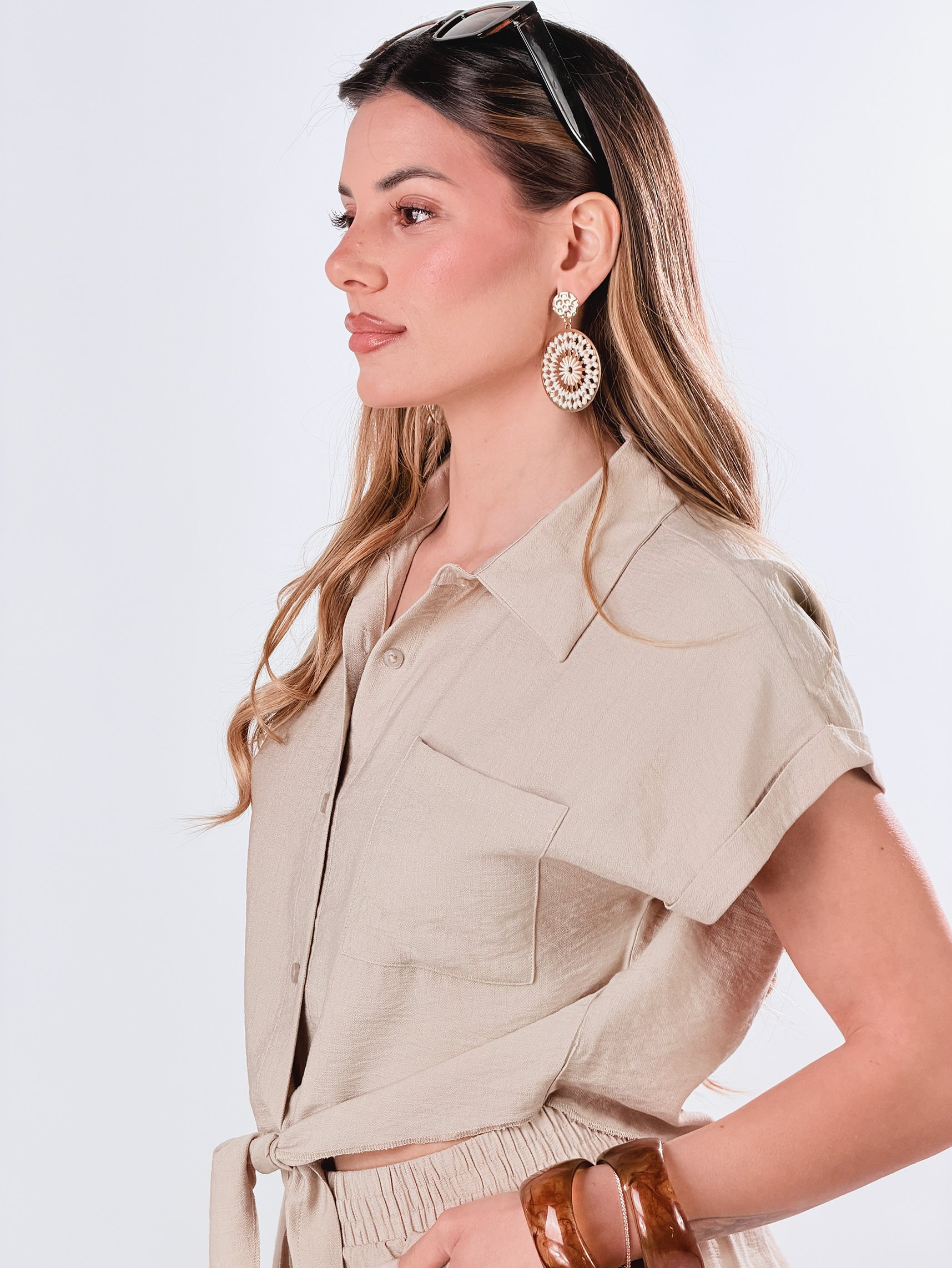Camicia con nodo effetto lino|Colore:Beige